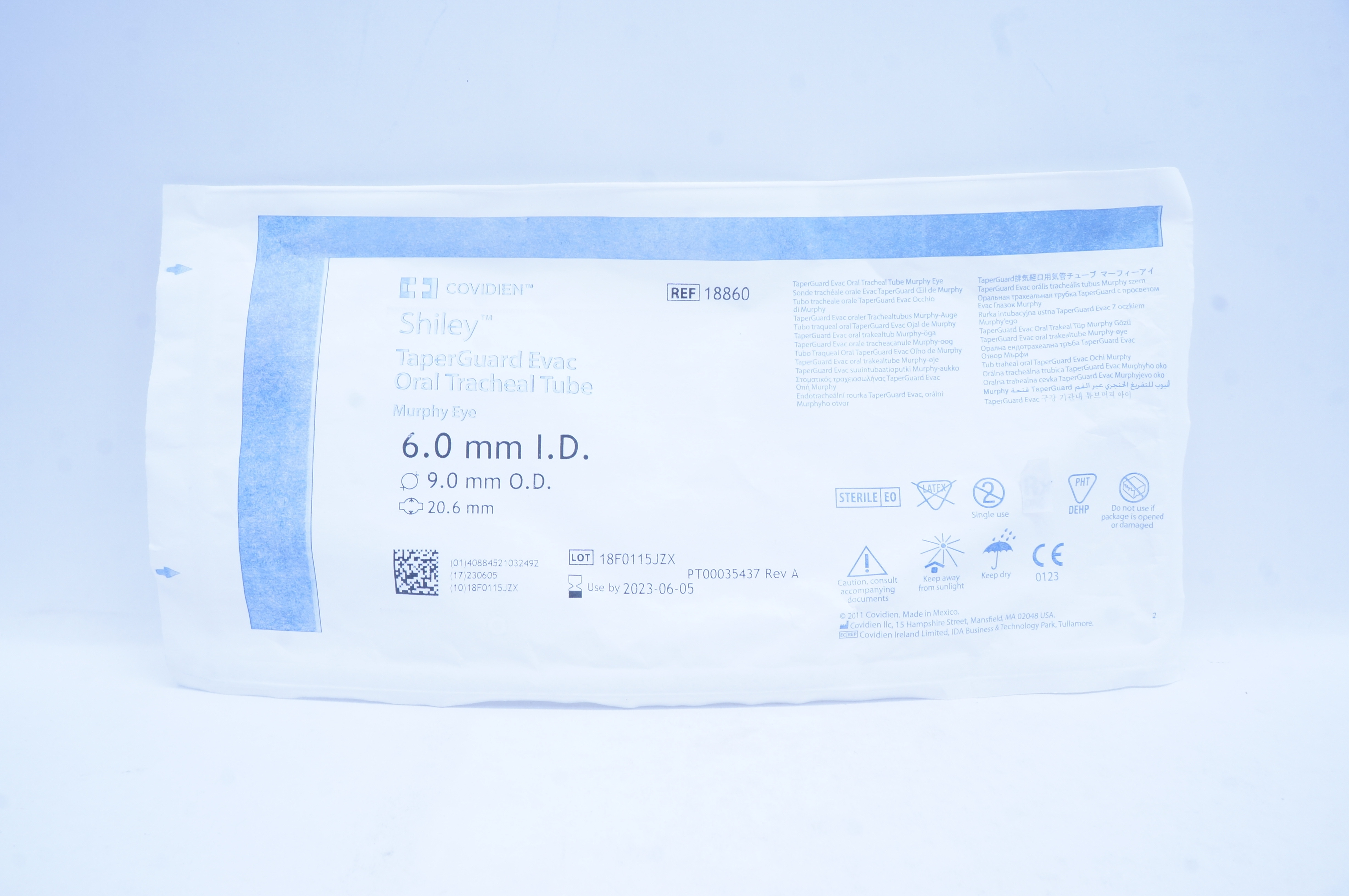 Covidien 18860 Shiley TaperGuard Evac Oral Tracheal Tube 6.0 x 9.0 x 20.6mm