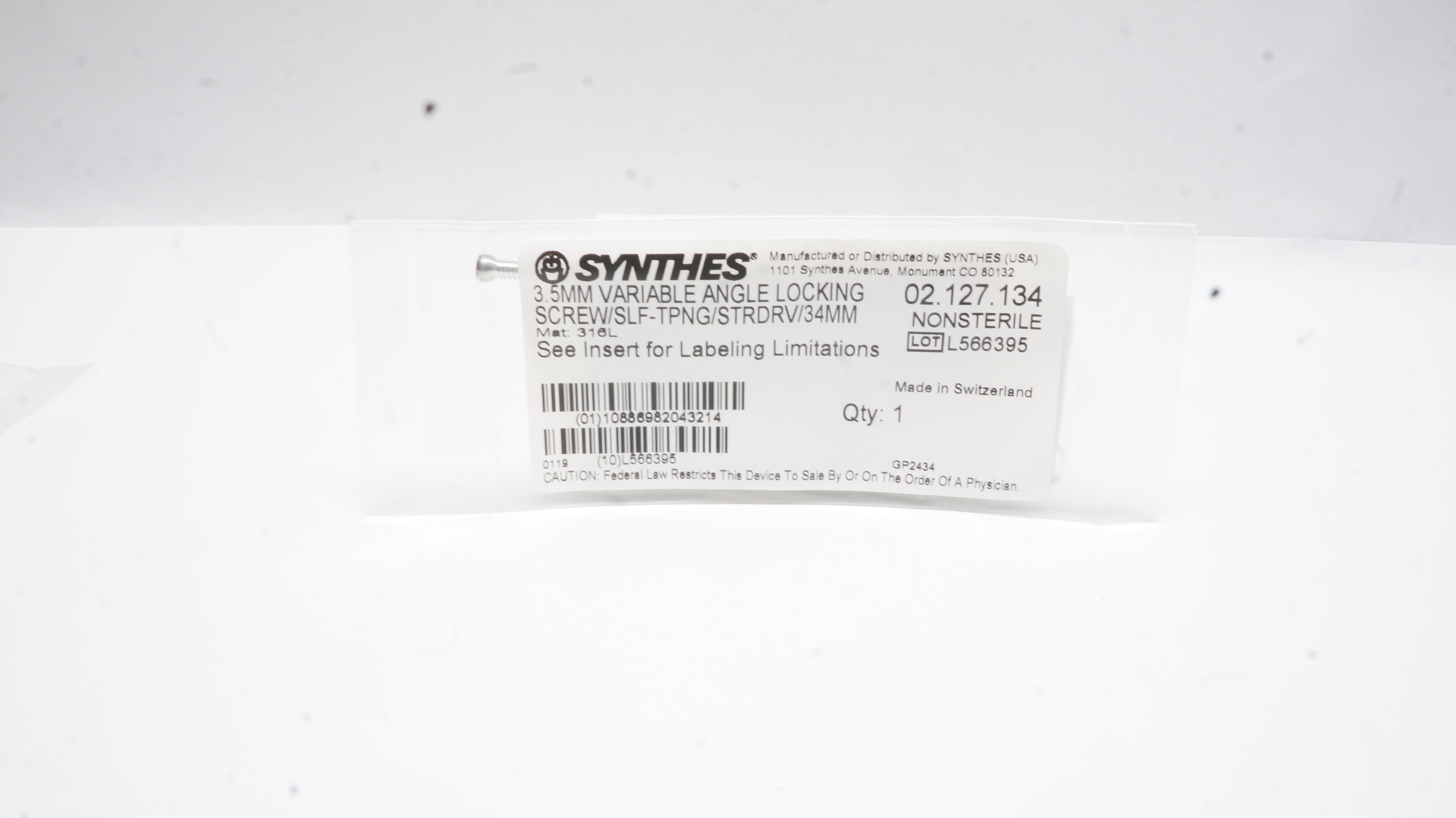 Synthes 02.127.134 3.5mm VA Locking Screw Self-Tapping Stardrive 34mm
