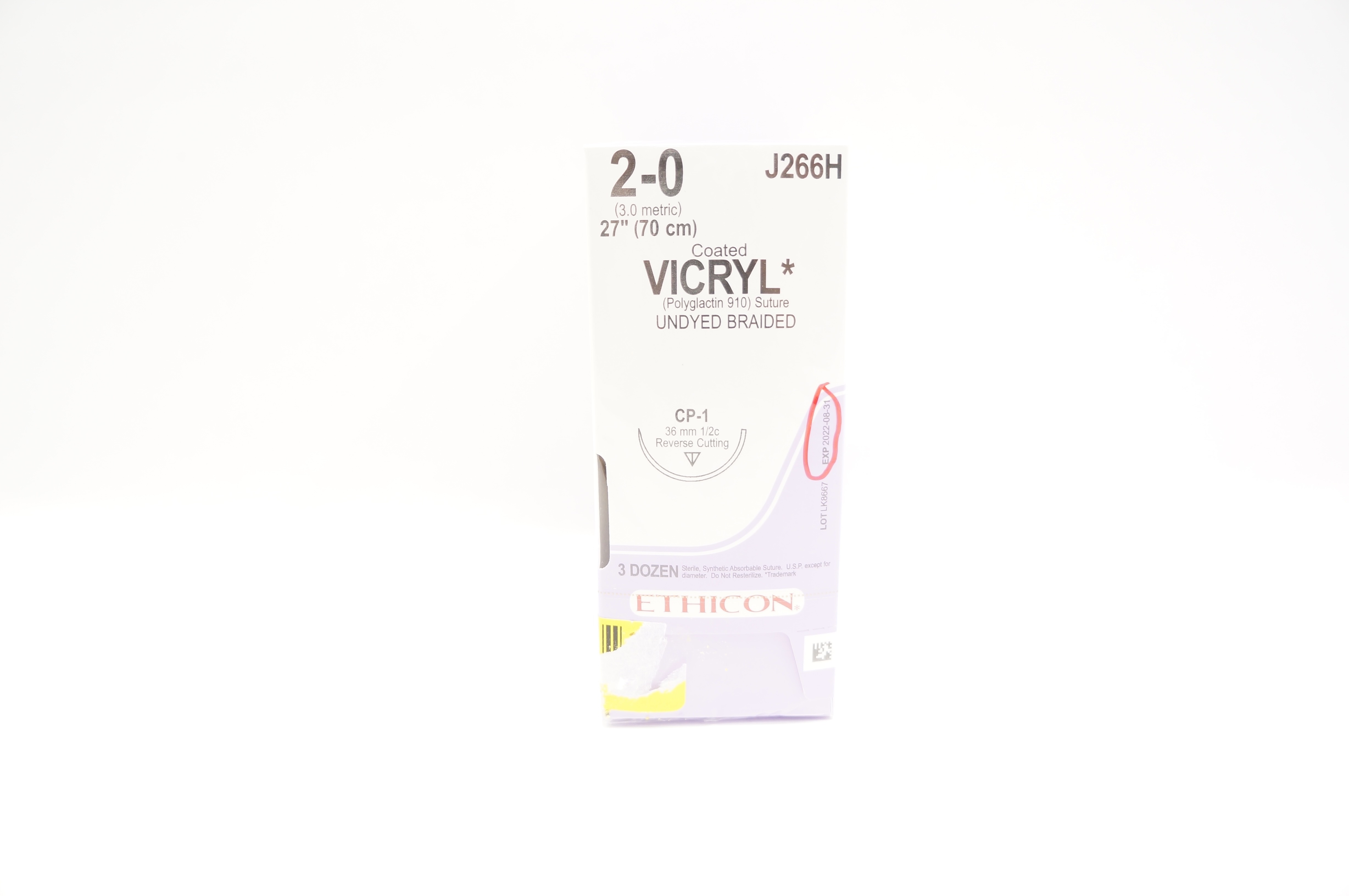 Ethicon J266H 2-0 Coated Vicryl Undyed Brainded 27in CP-1 36mm 1/2c-Box of 36(x)