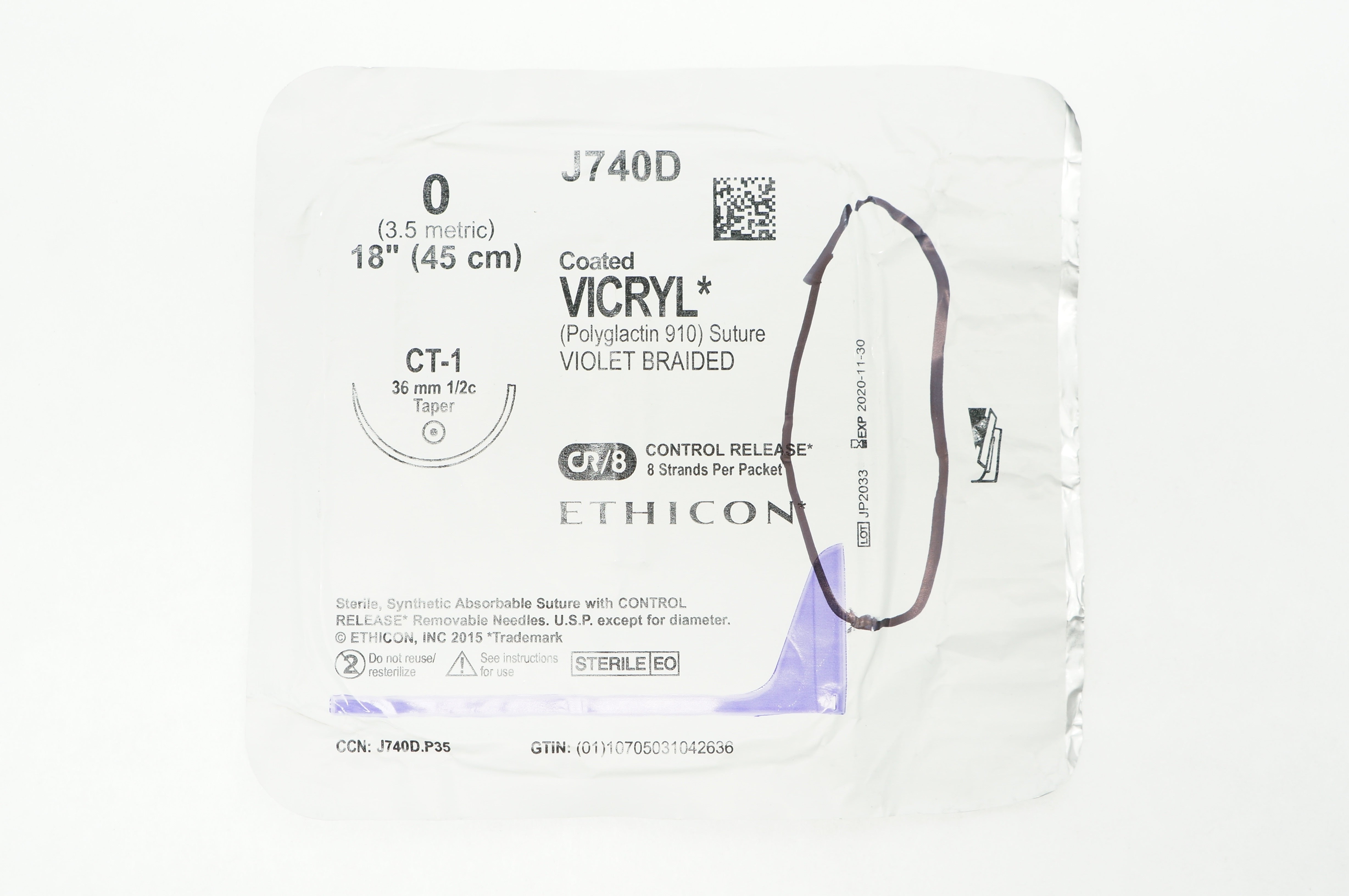 Ethicon J740D 0 VICRYL CT-1, 36mm 1/2c Taper, 18inch (x)