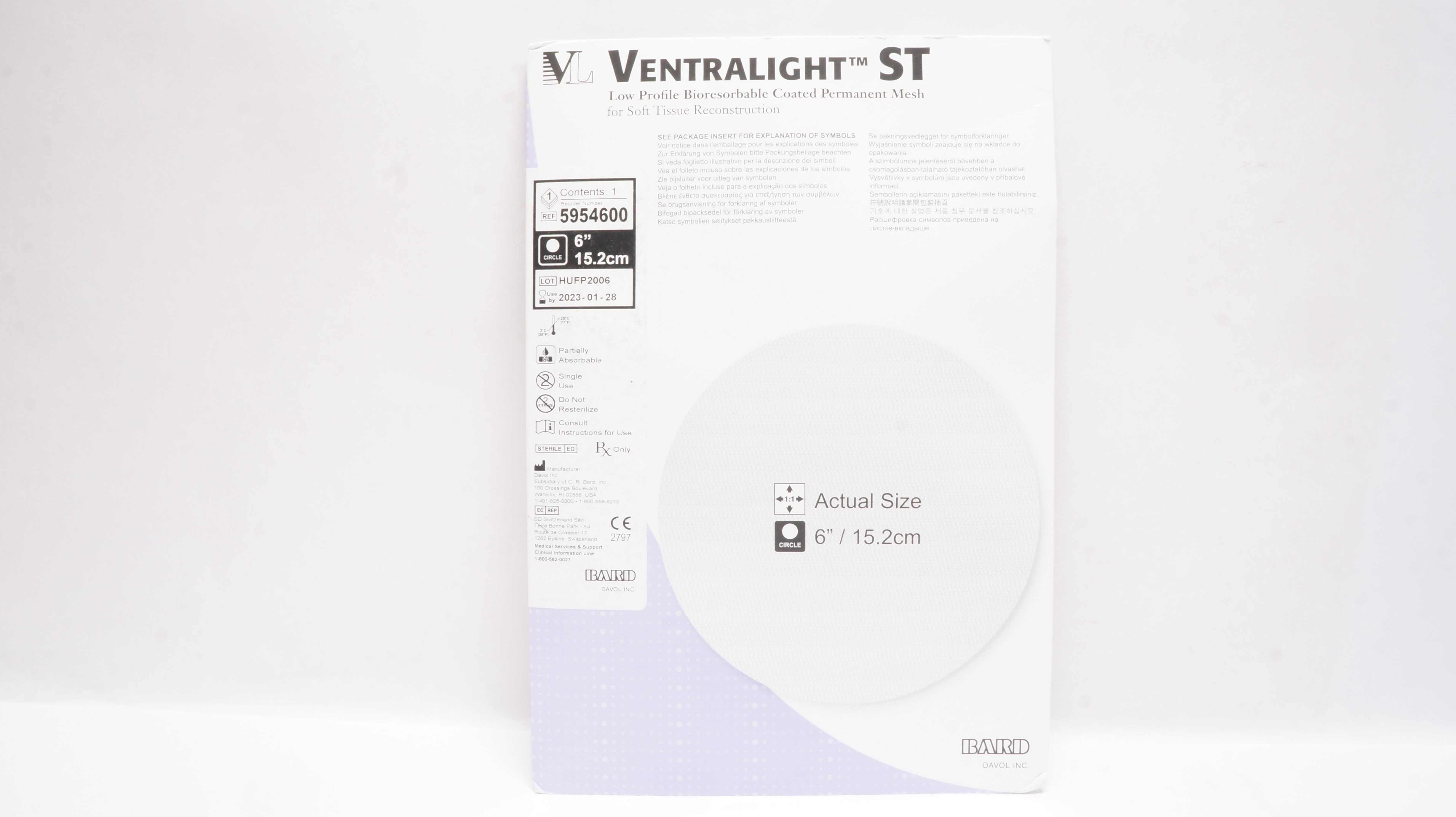 Bard 5954600 Ventralight ST Low Profile Bioresorbable Coated Mesh 6inch (x)