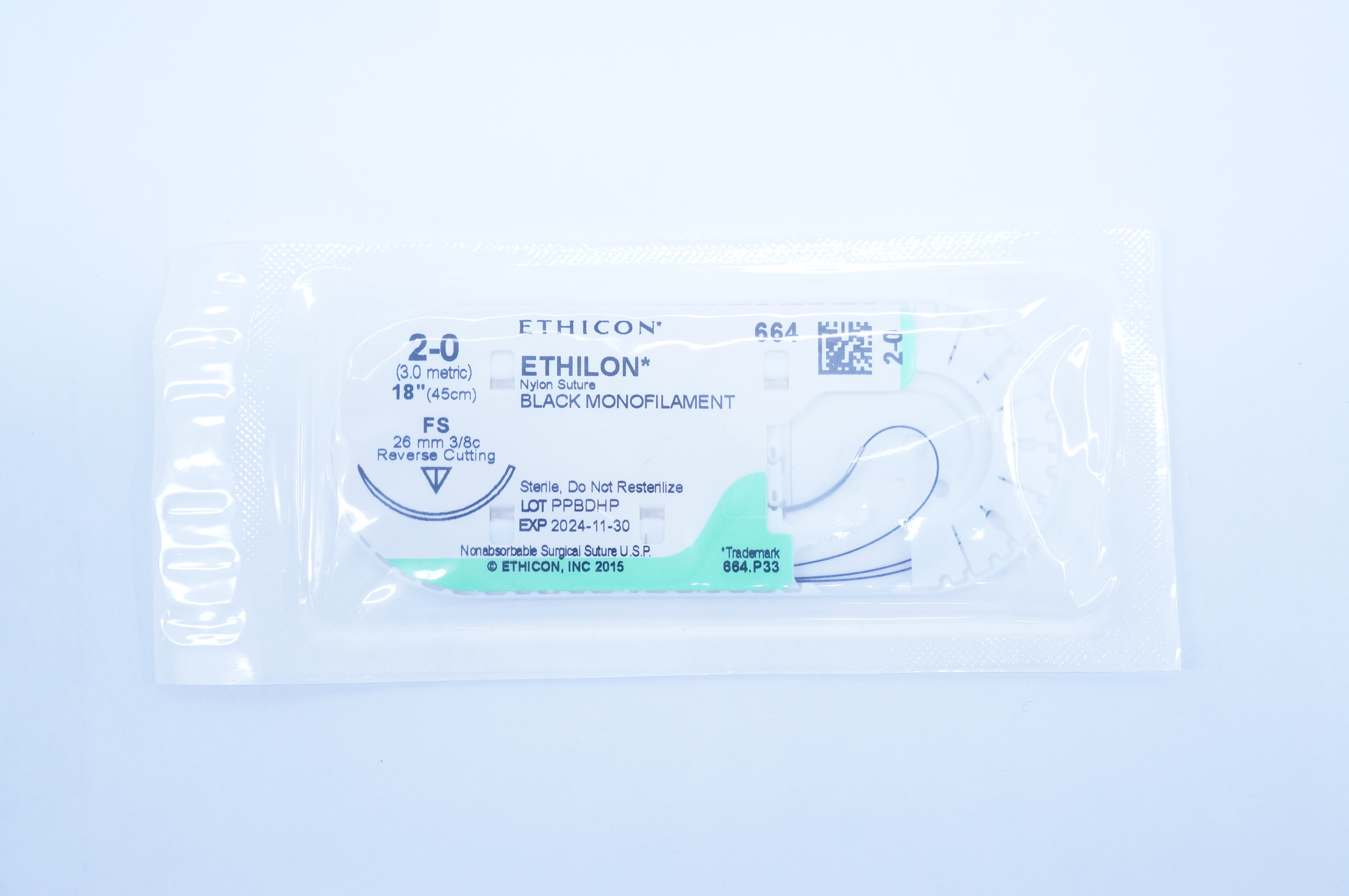 Ethicon 664 2-0 Ethilon Nylon Stre FS 26mm 3/8c Reverse Cutting 18 inch