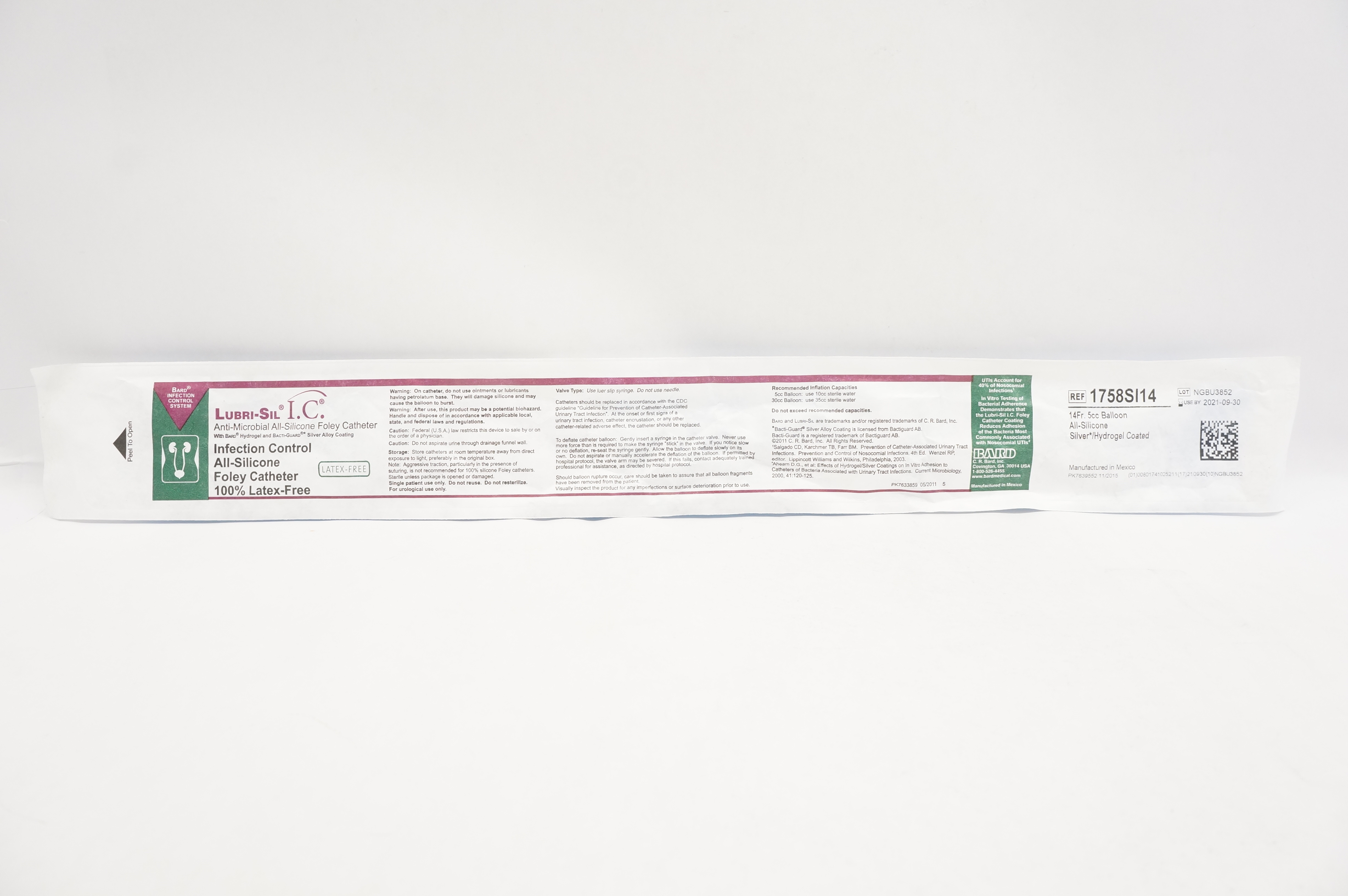 Bard 1758SI14 Lubri-Sil I.C. Anti-Microbial All-Silicone Foley Cath. 14Fr