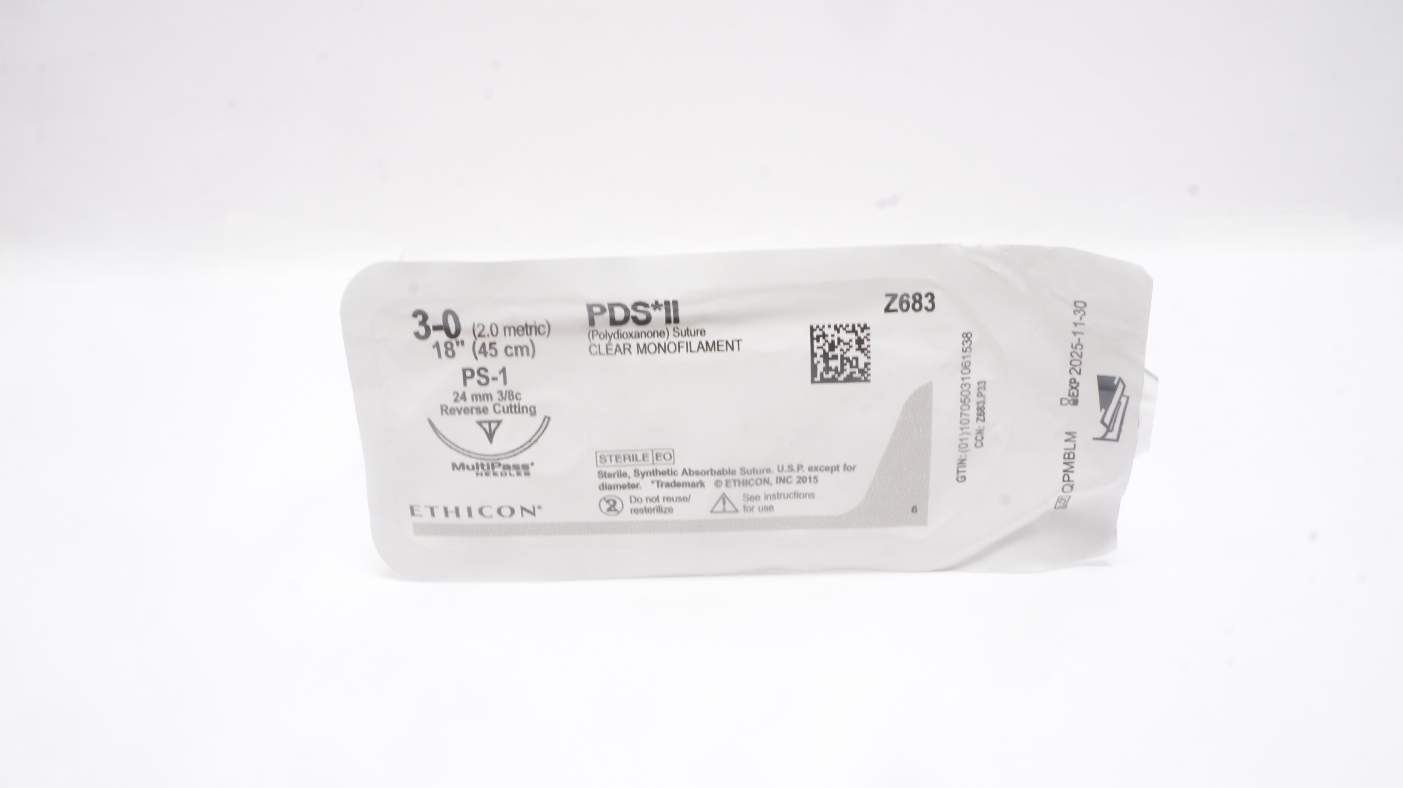 Ethicon Z683 3-0 PDS II, PS-1, 24mm 3/8c Reverse Cutting, 18 inch