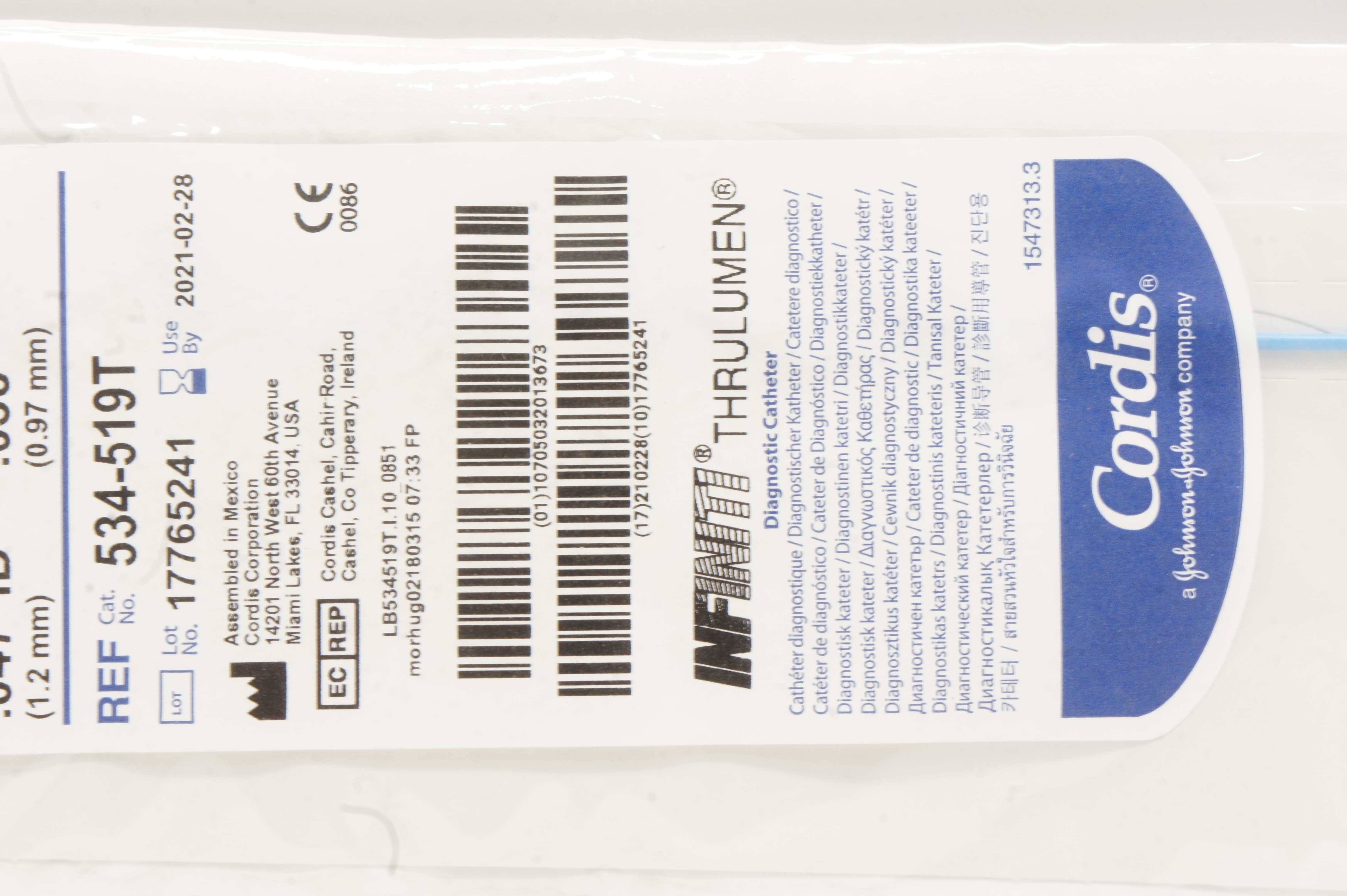 Cordis 534-519T Infiniti JR3.5 Diagnostic Cath. 5F x .047inch x