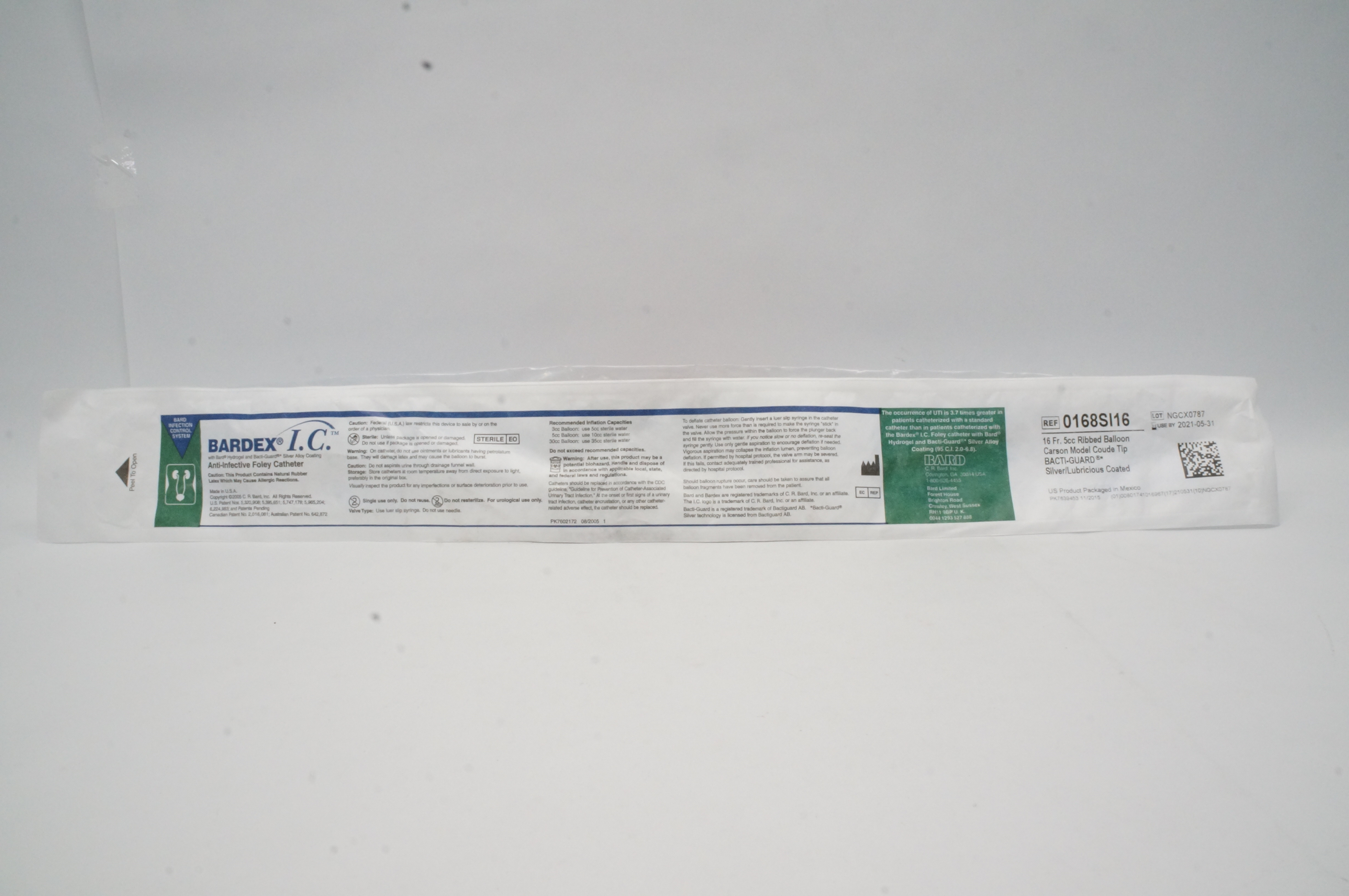 Bard 0168SI16 Bardex I.C. Anti-Infective Foley Cath. 16Fr, 5cc Ribbed Balloon