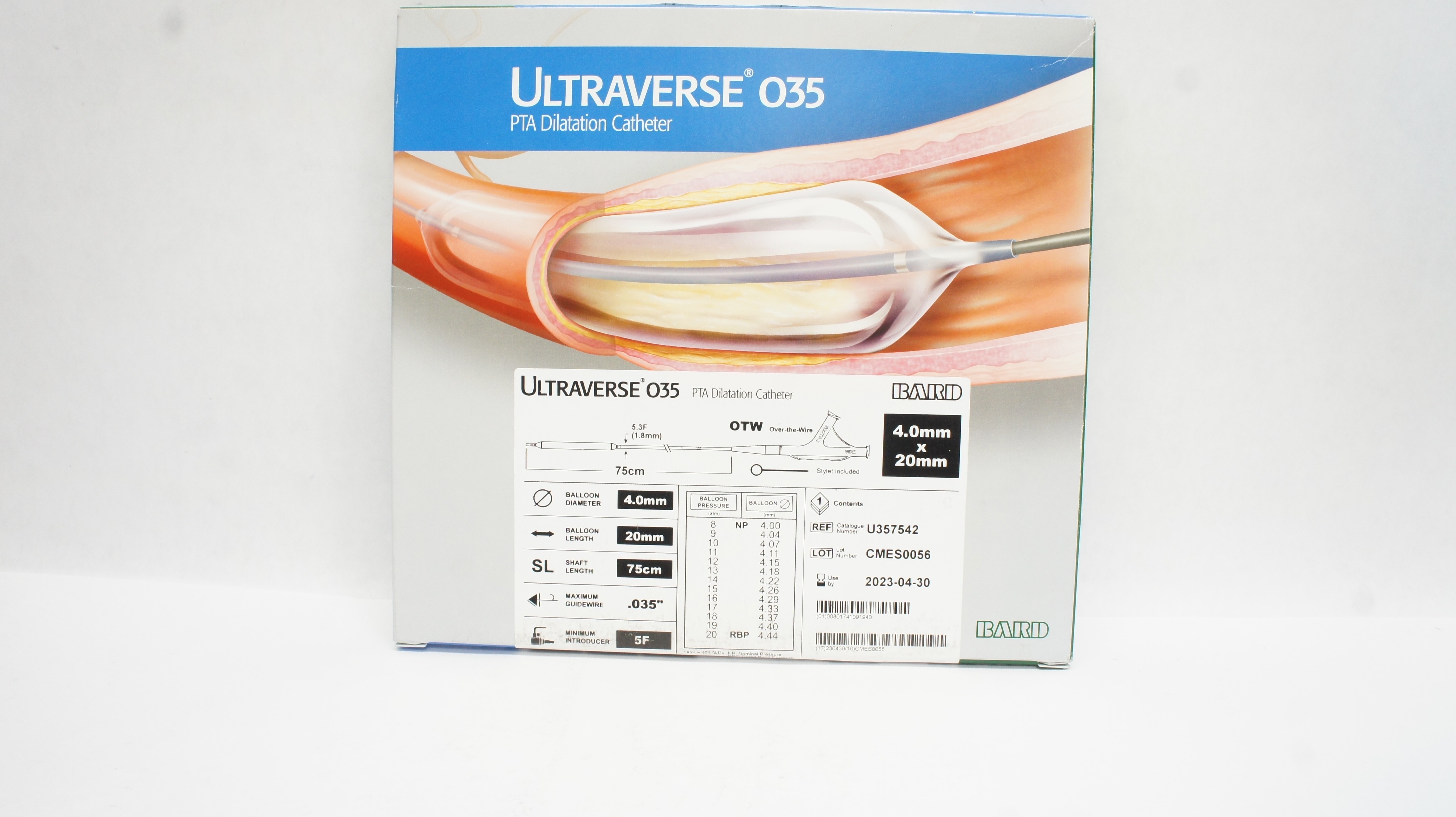 Bard U357542 Ultraverse O35 PTA Balloon Dilatation Cath. 4.0mm x 20mm x 75cm (x)