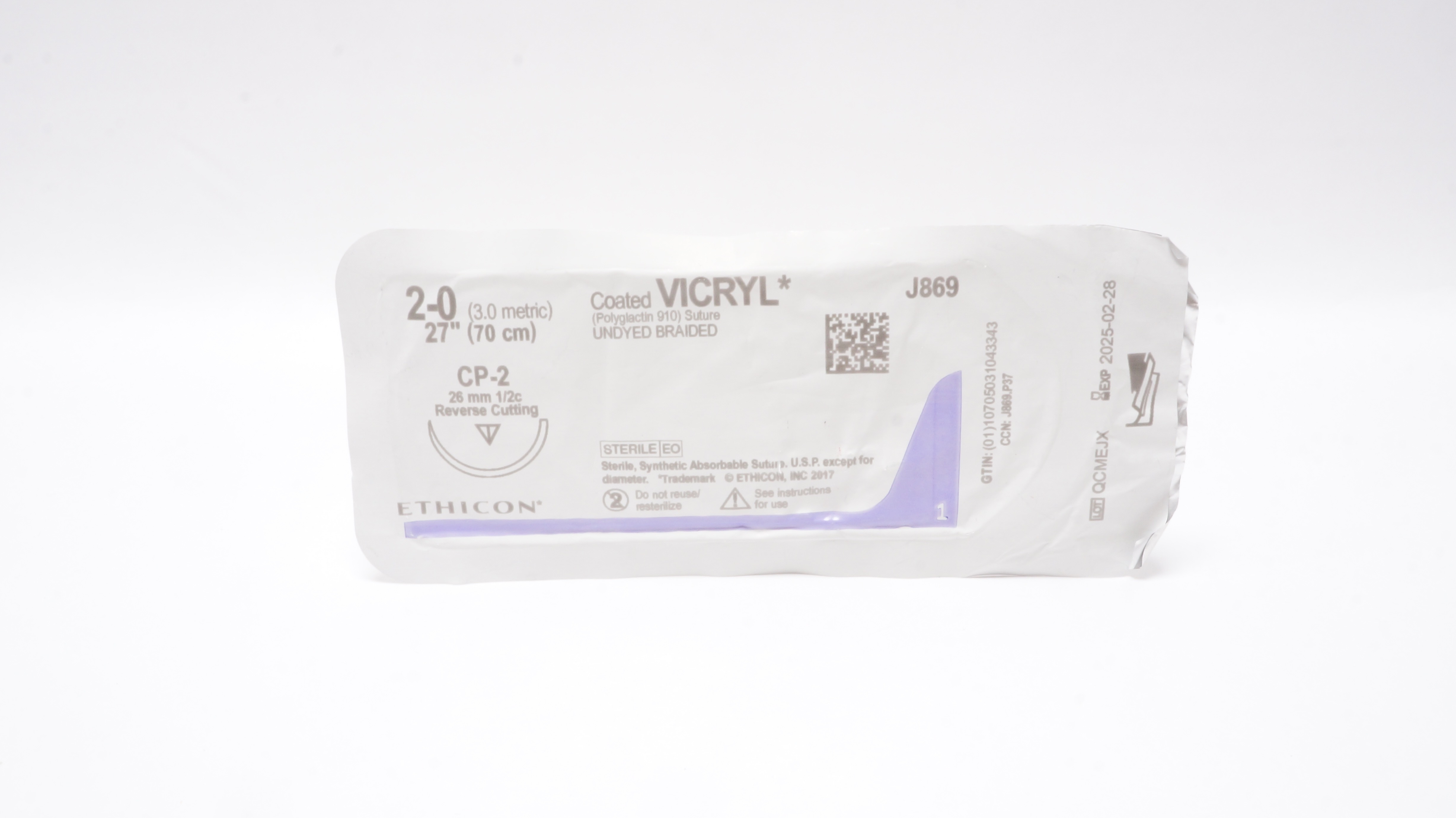 Ethicon J869 2-0 Coated Vicryl Stre CP-2 26mm 1/2c Reverse Cutting, 27inch