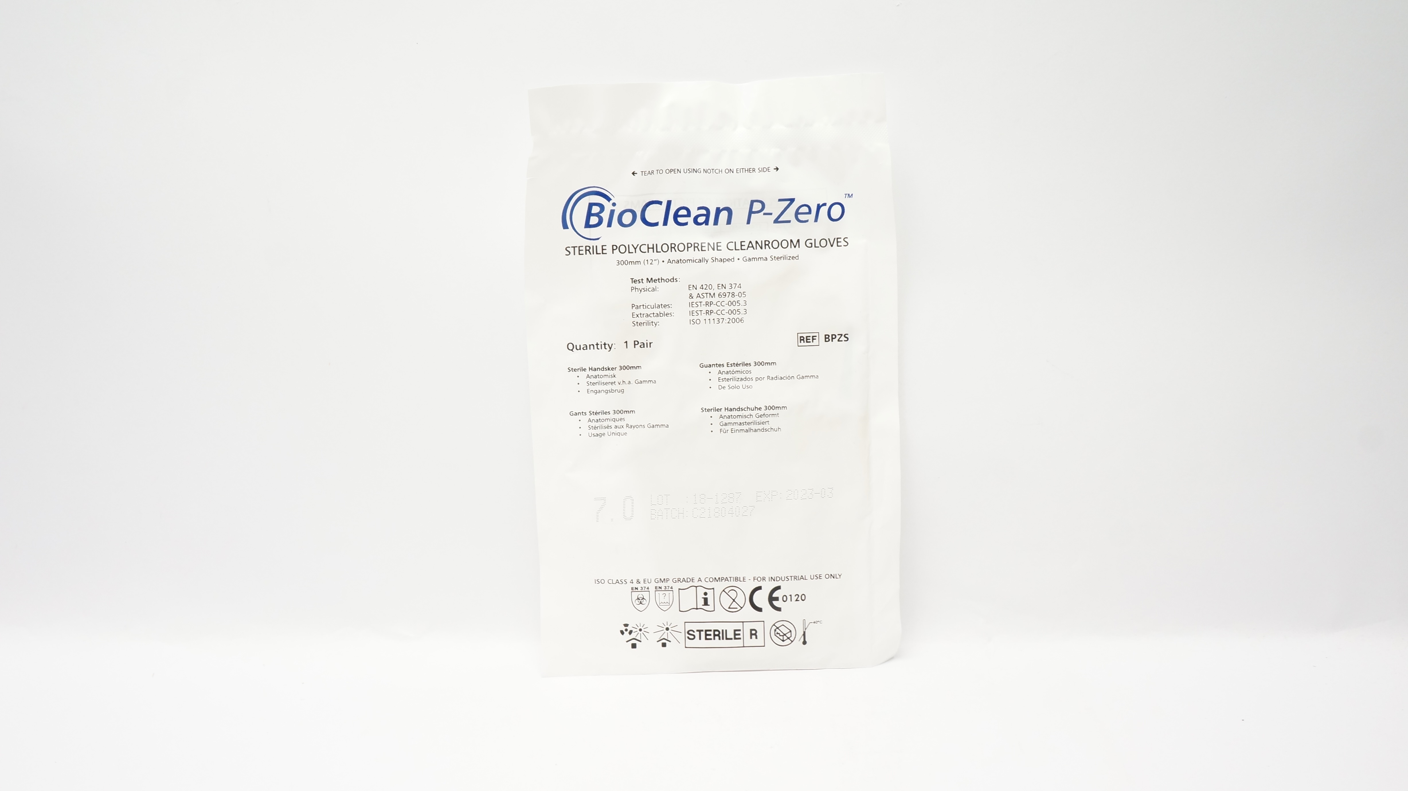 BioClean BPZS P-Zero Cleanroom Gloves, Polychloroprene, Sterile 12inch(x)