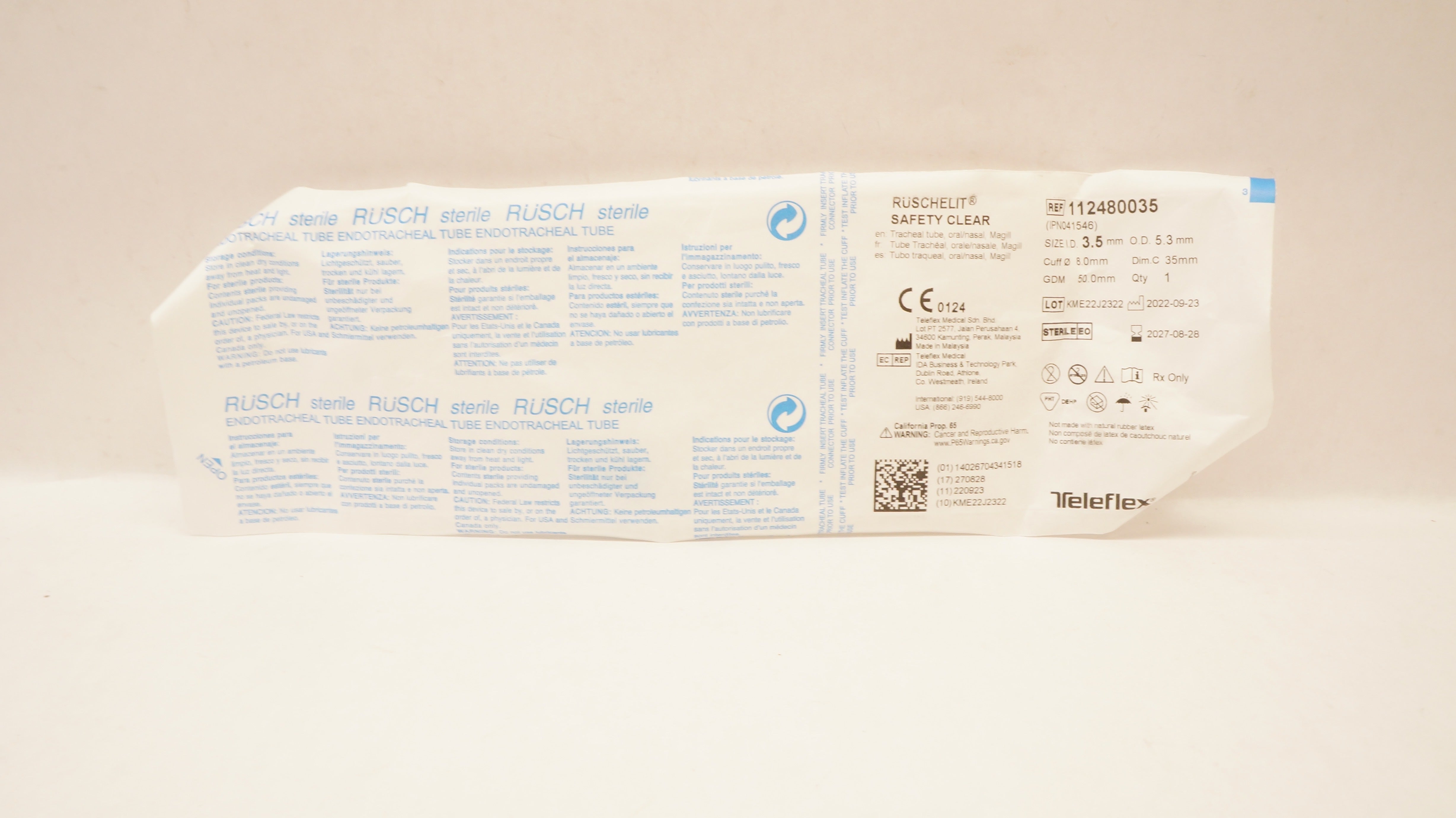 Teleflex 112480035 Ruschelit Safety Clear Tracheal Tube 3.5mm ID x 5.3mm OD