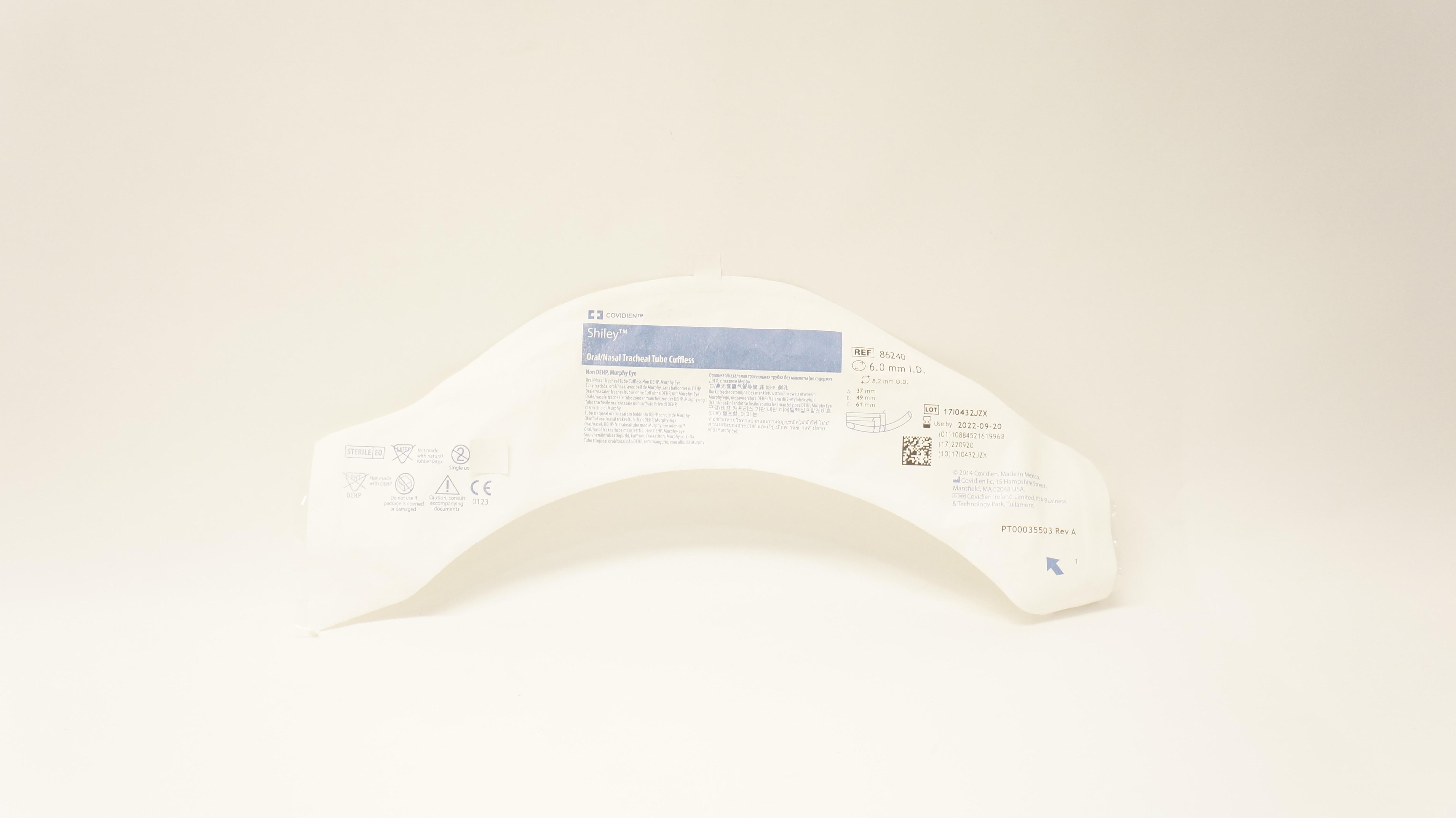 Covidien 86240 Shiley Oral/Nasal Tracheal Tube Cuffless 6mm ID x 8.2mm OD