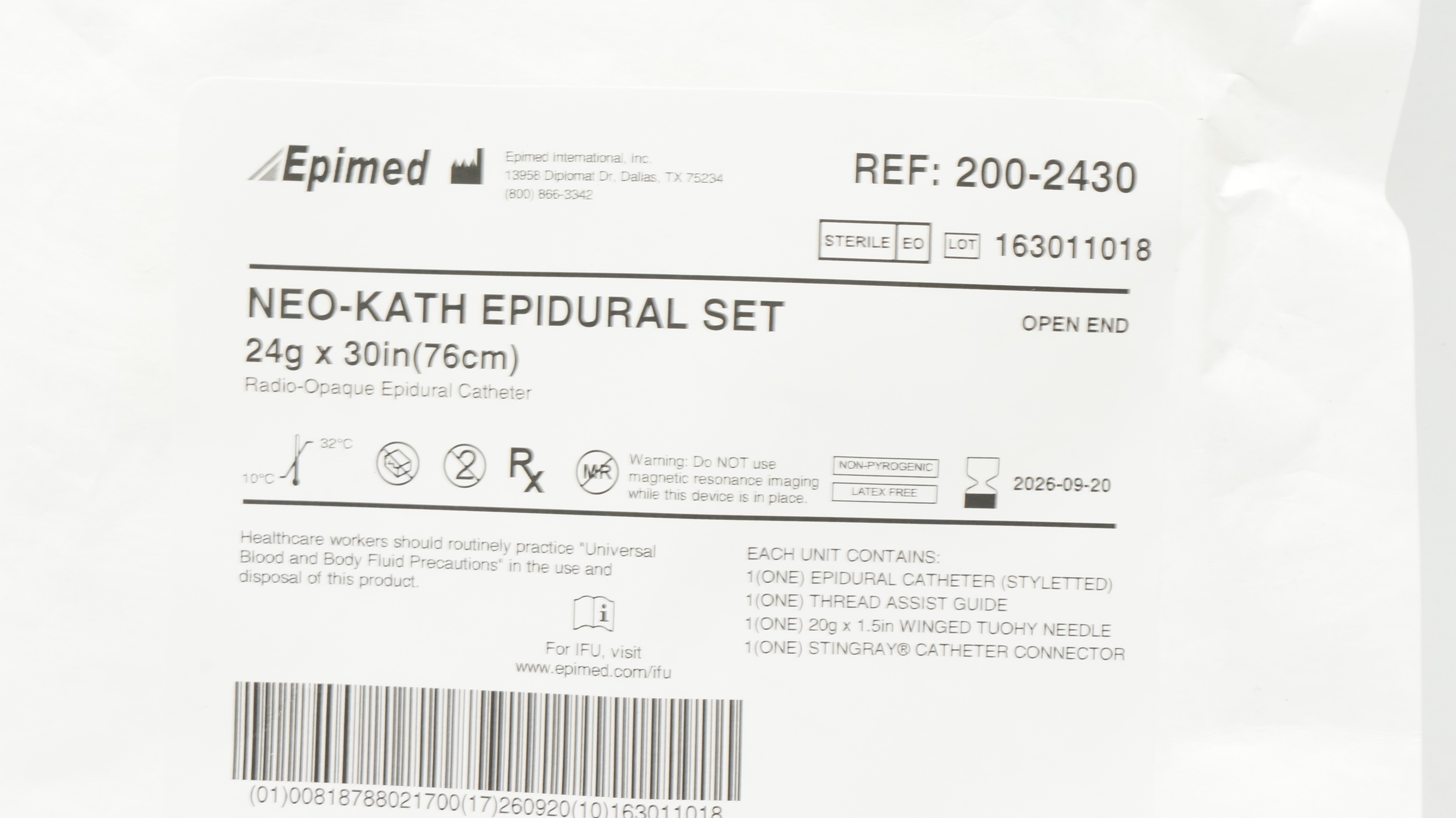 Epimed 2002430 NeoKath Epidural Cath. Set 24G x 30inch