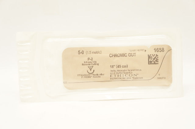 Ethicon 1658 5-0 CHROMIC GUT Surgical Stre P-2 1/2c 8.0mm ReverseCutting 18in(x)