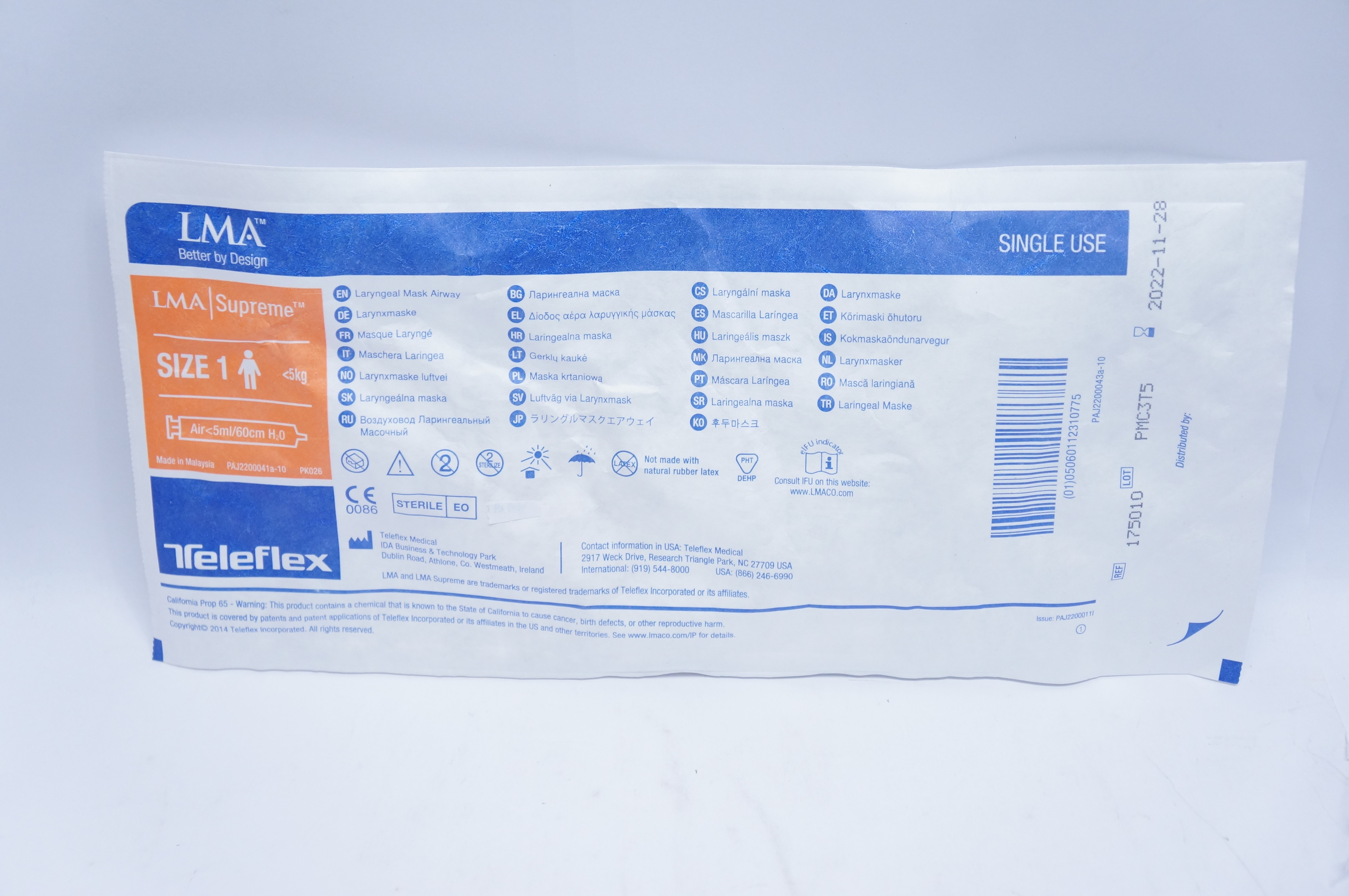 Teleflex 175010 LMA Supreme Laryngeal Mask Airway Size 1