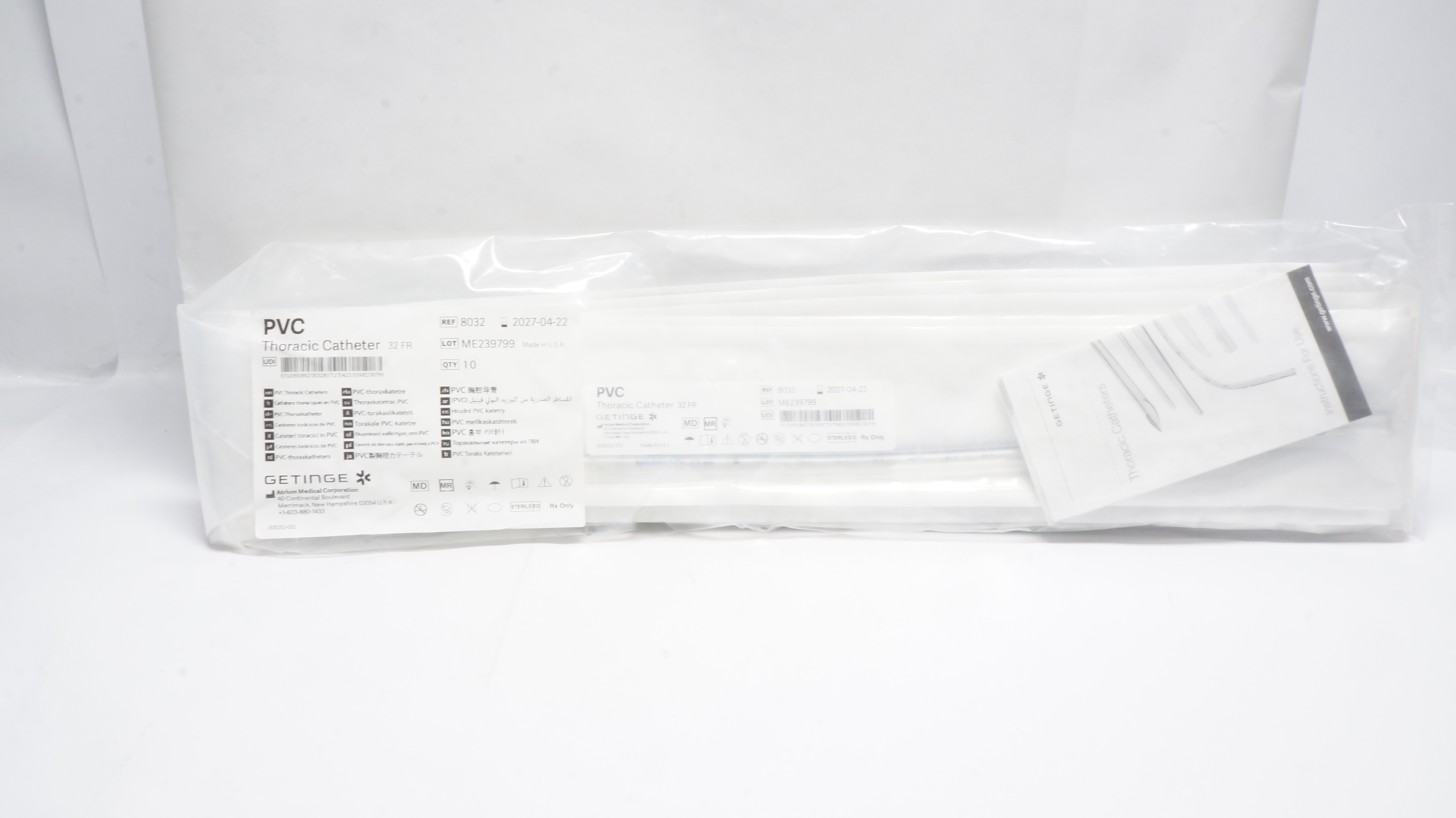 Atrium 8032 Getinge PVC Thoracic Cath. 32Fr. - Pack of 10