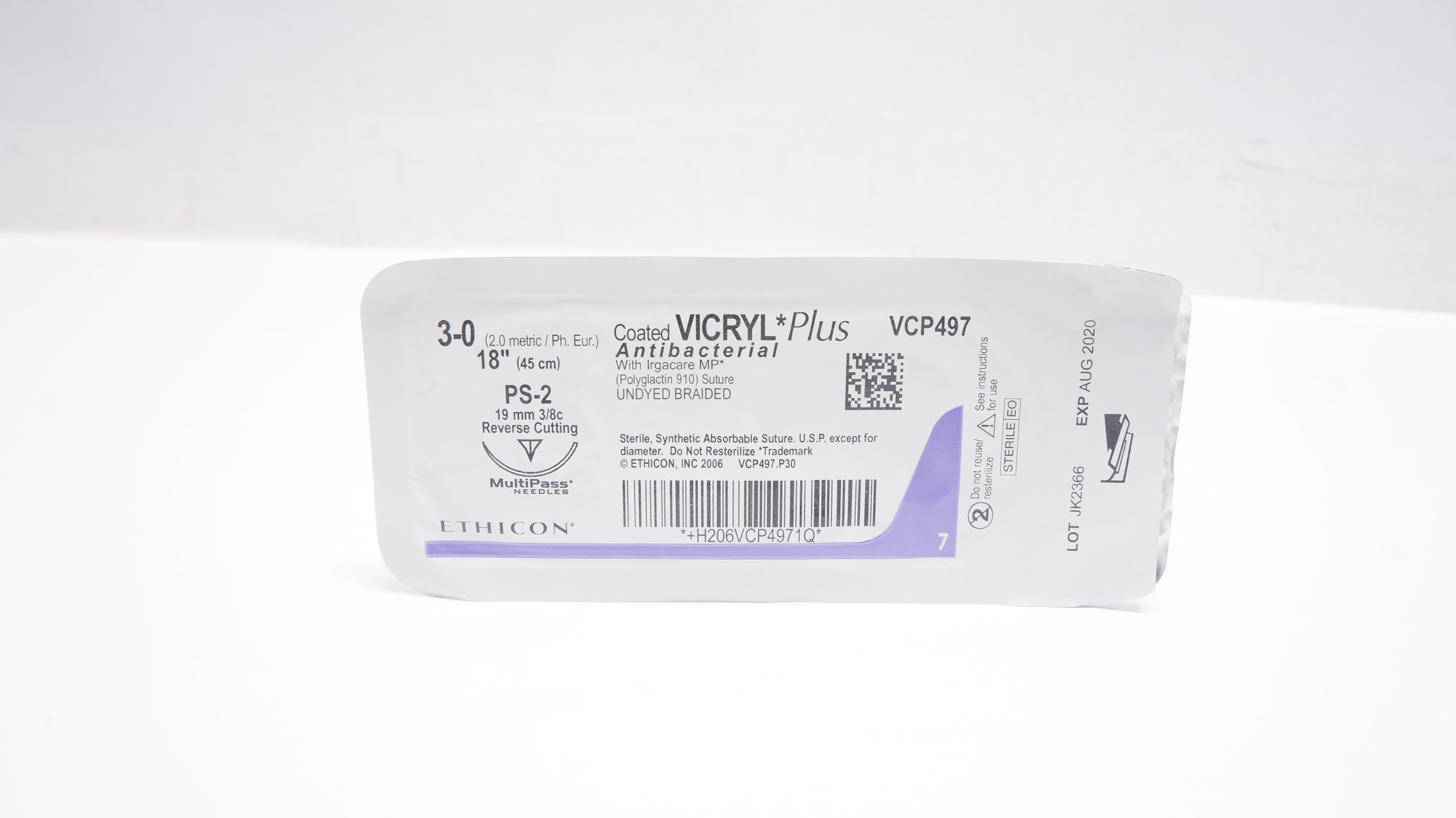 Ethicon VCP497 3-0 Coated VICRYL Stre PS-2 19mm 3/8c Reverse Cutting, 18inch (x)
