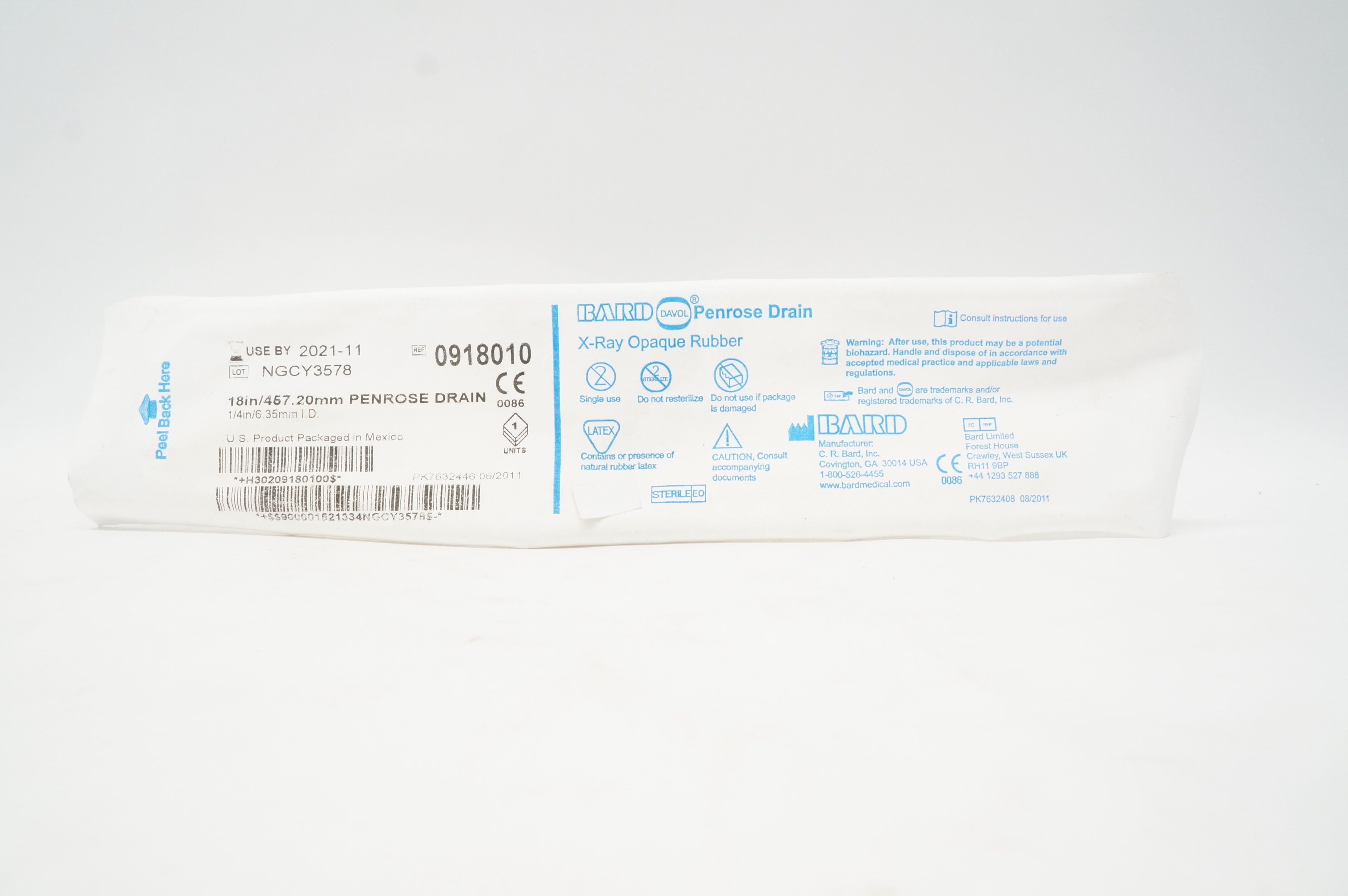 Bard 0918010 Davol Penrose Drain X-Ray Opaque Rubber 18inch x 1/4inch (x)