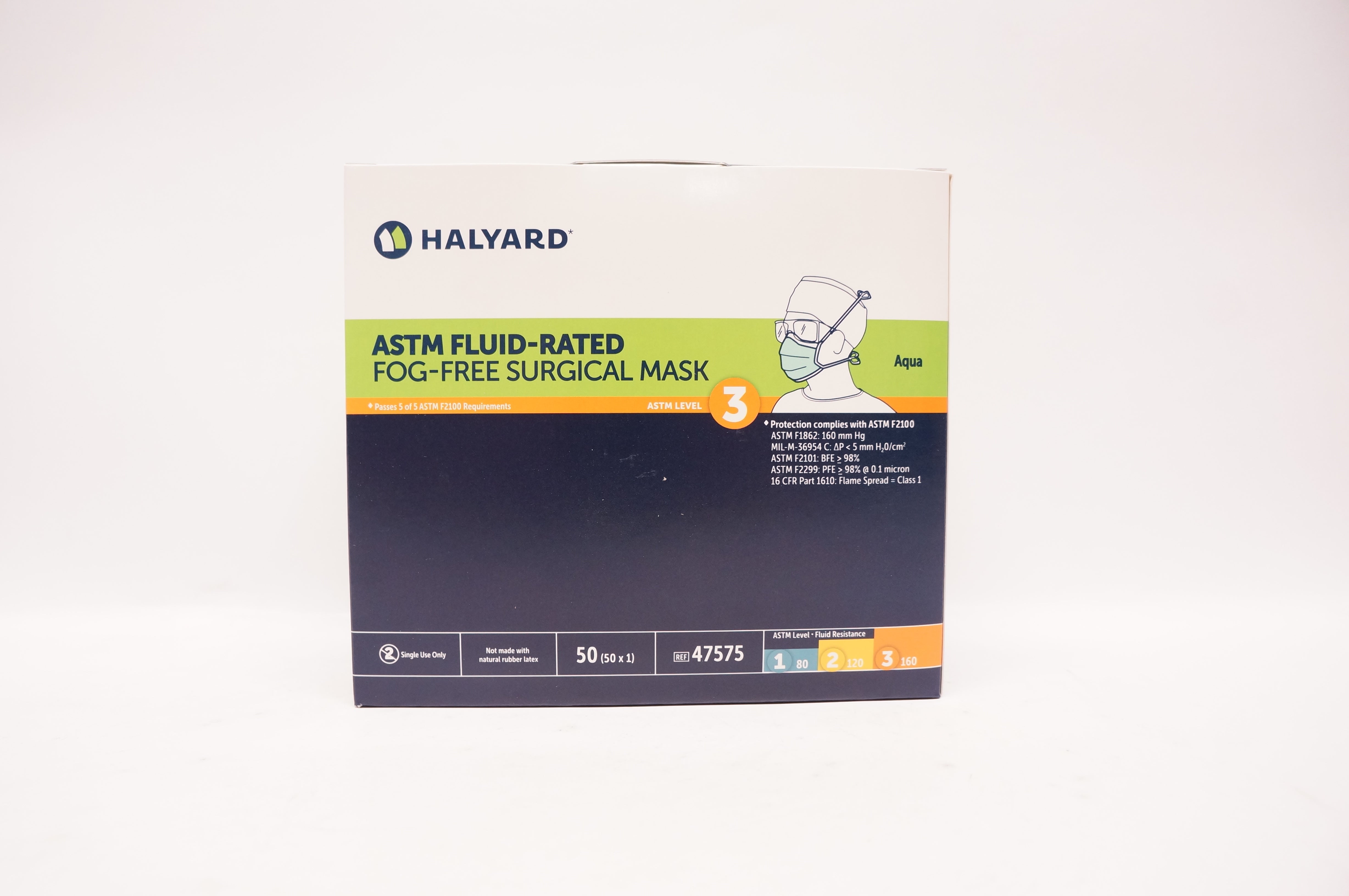 Halyard 47575 ASTM Fluid-Rated Fog-Free Surgical Mask, Level 3 - Box of 50
