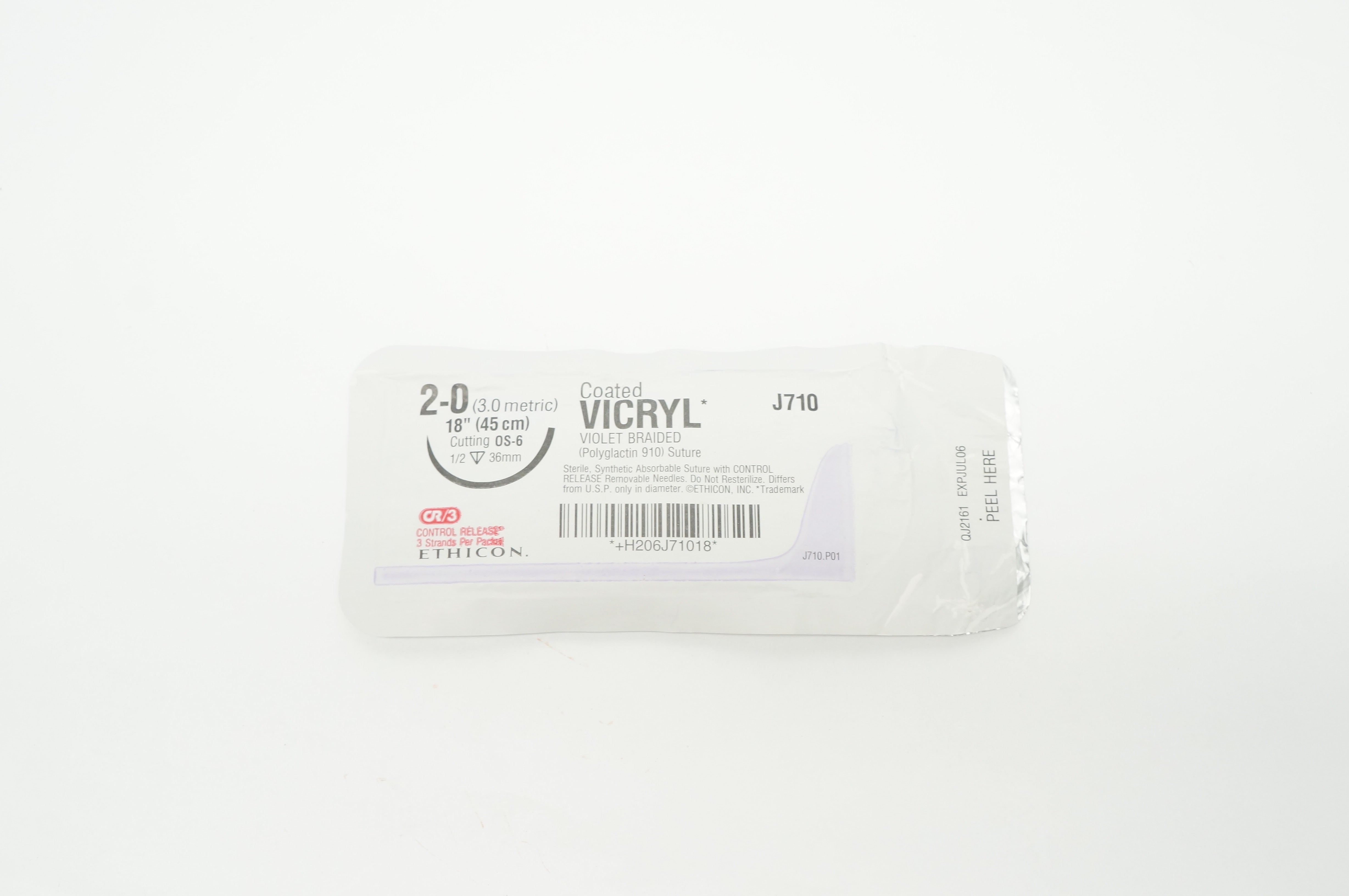 Ethicon J710 2-0 Coated Vicryl( Polyglactin910) Stre OS-6 36mm 1/2, 18inch (x)