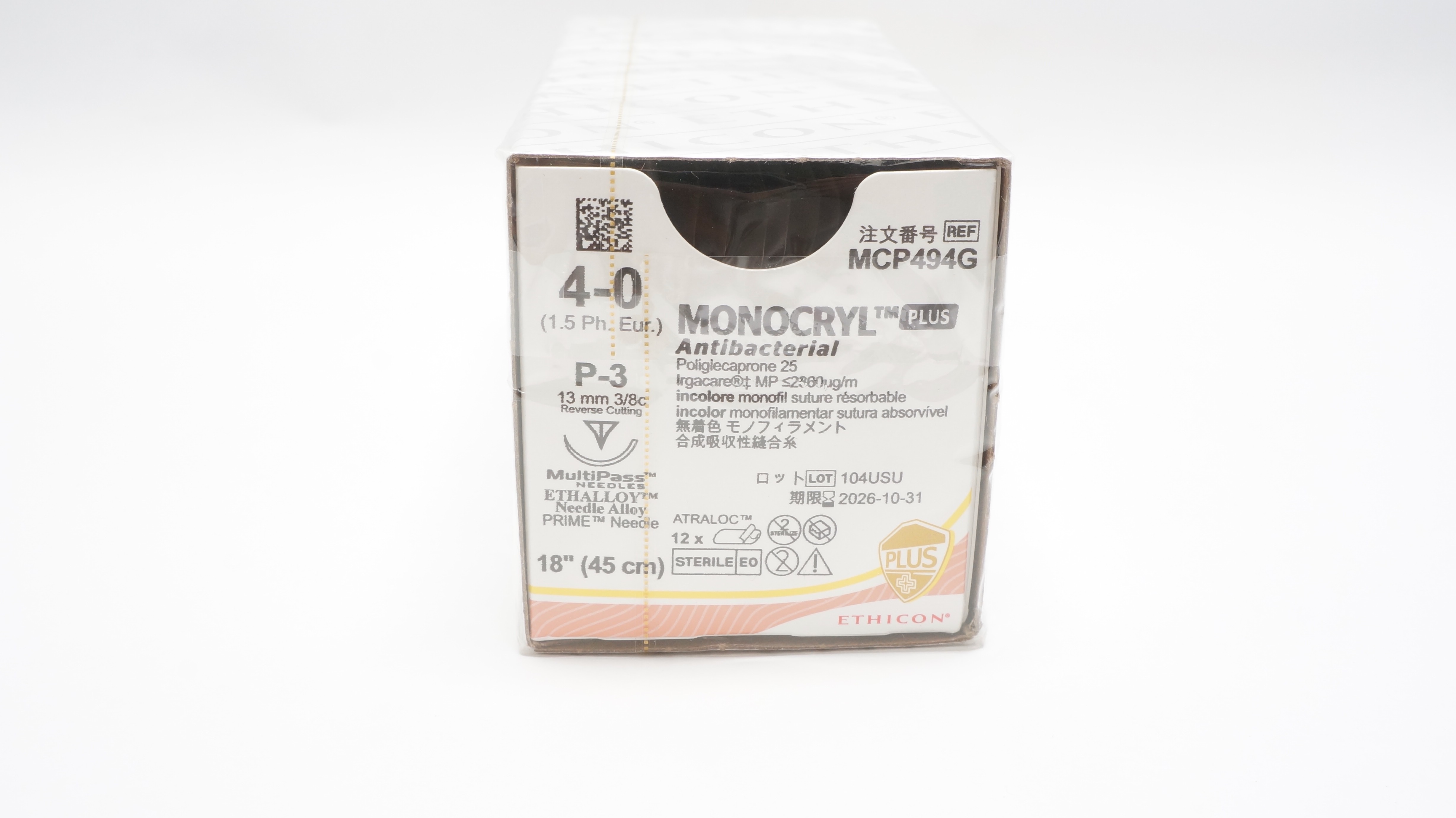 Ethicon MCP494G 4 MONOCRYL Stre P-3 13mm 3/8c ReverseCutting 18inch - Box of 12