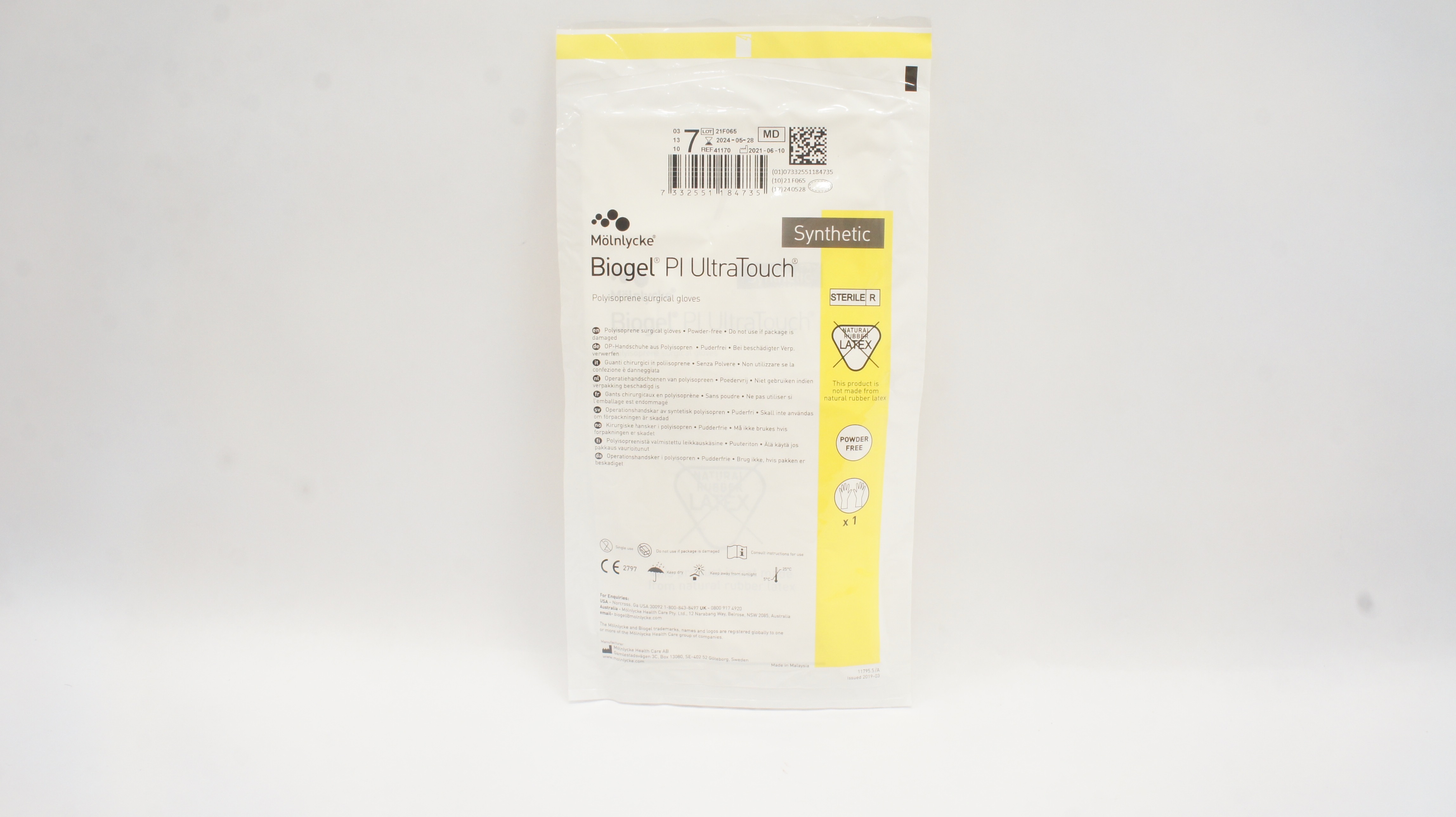 Molnlycke Healthcare 41170 Biogel Pl UltraTouch Synthetic Surgical Gloves Size 7