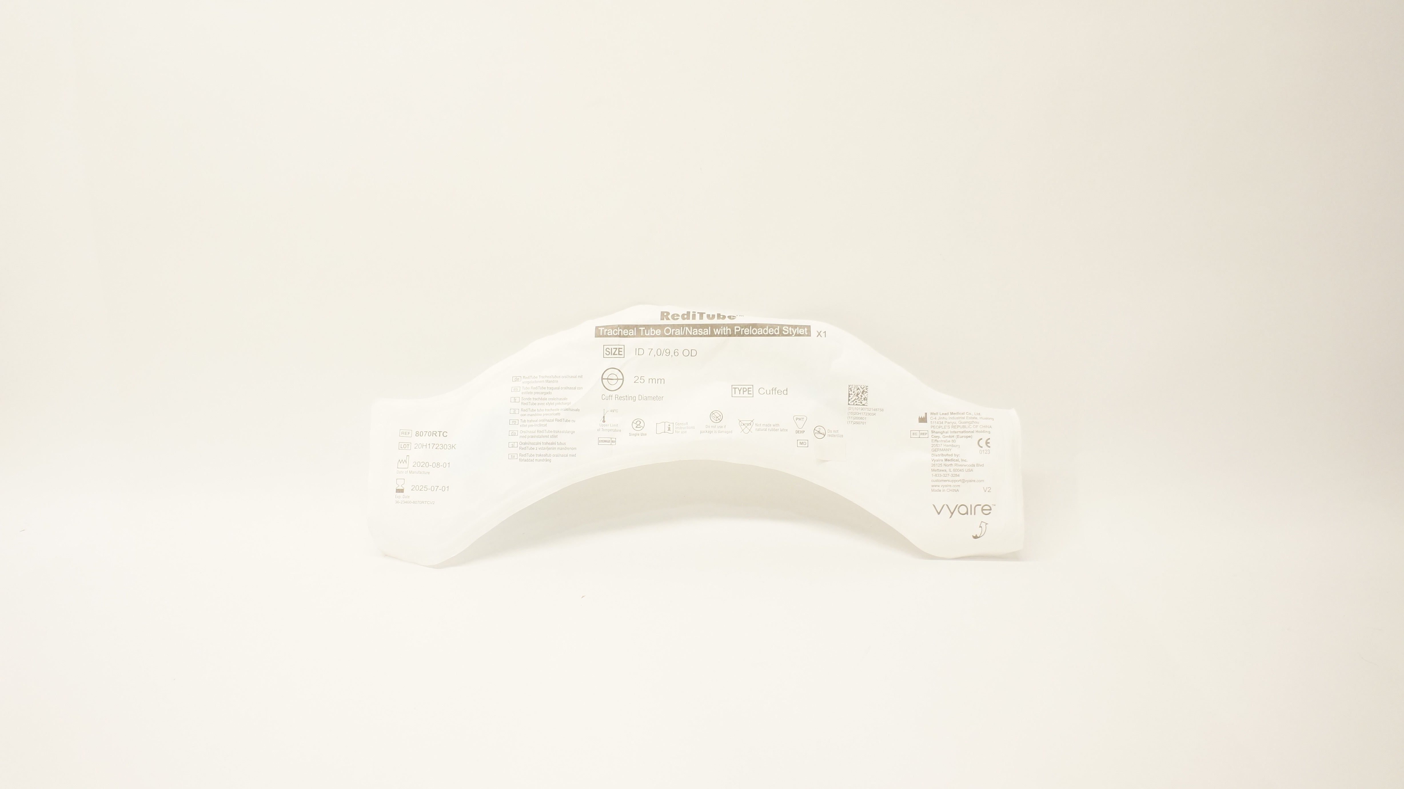 Vyaire 8070RTC Tracheal Tube OIral/Nasal with Preloaded Stylet 7.0mmx9.6mmx25mm