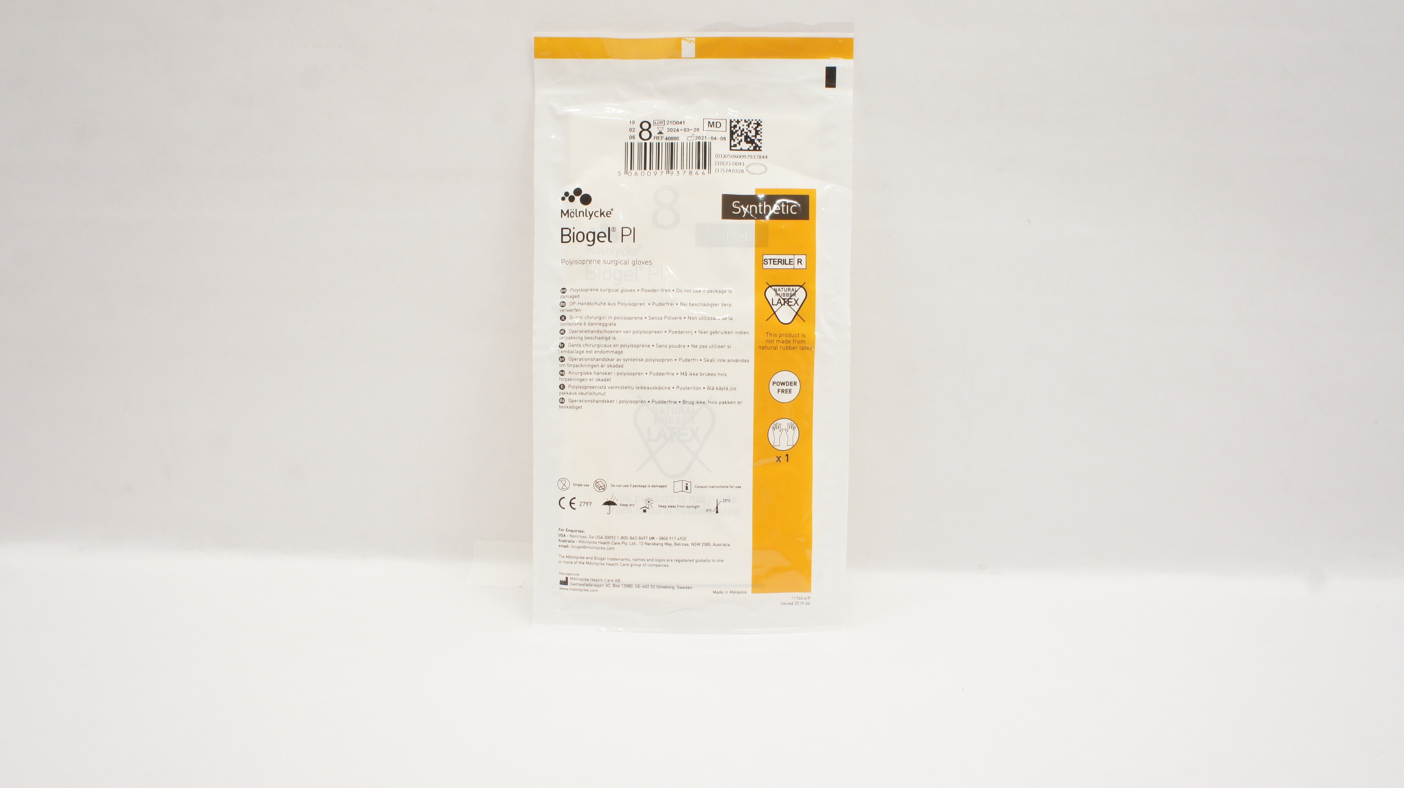Molnlycke Healthcare 40880 Biogel PI Synthetic Polyisoprene Surgical Gloves, 8