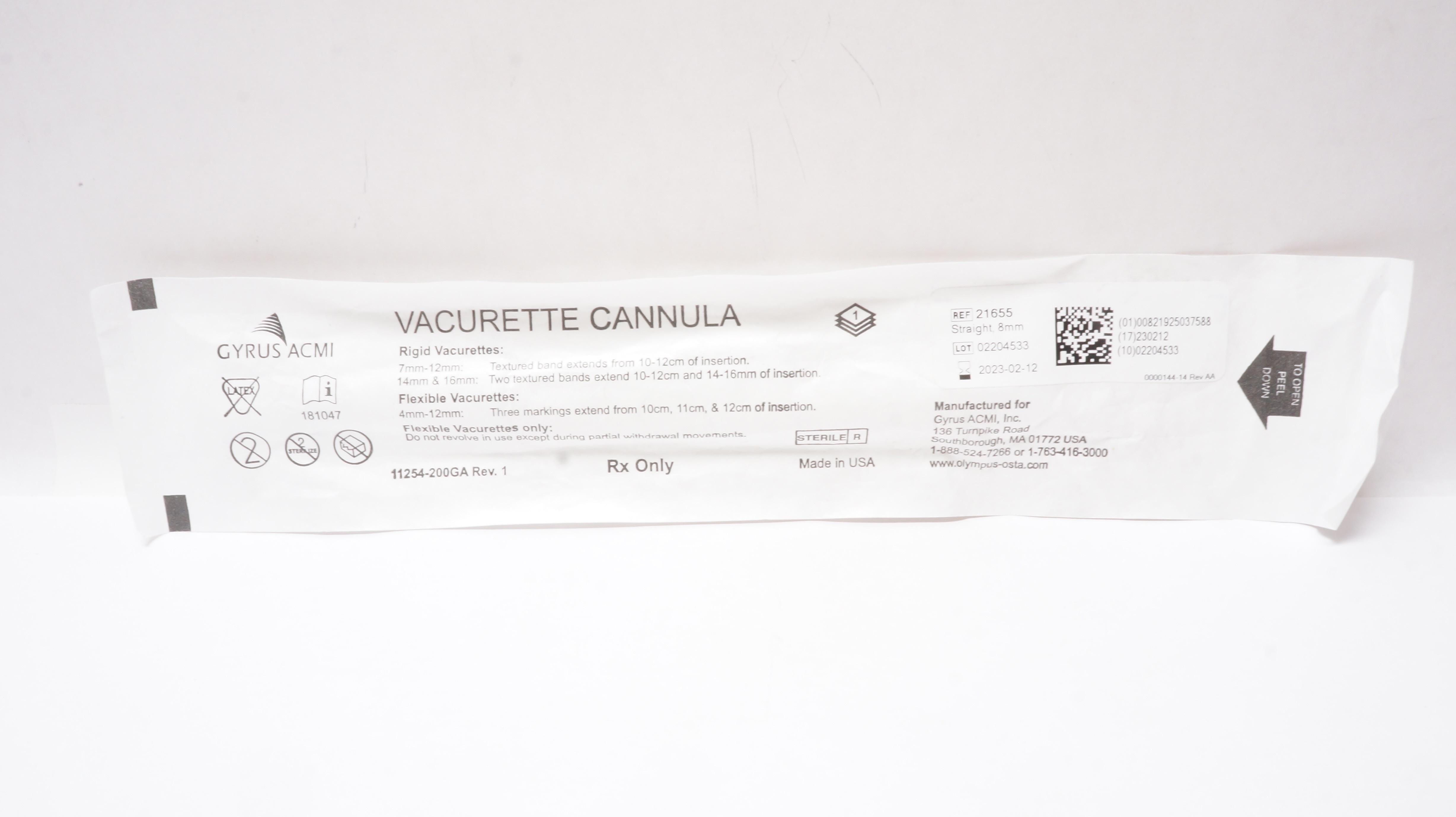 Gyrus ACMI 21655 Vacurette Cannula Straight Rigid OD 8mm (x)