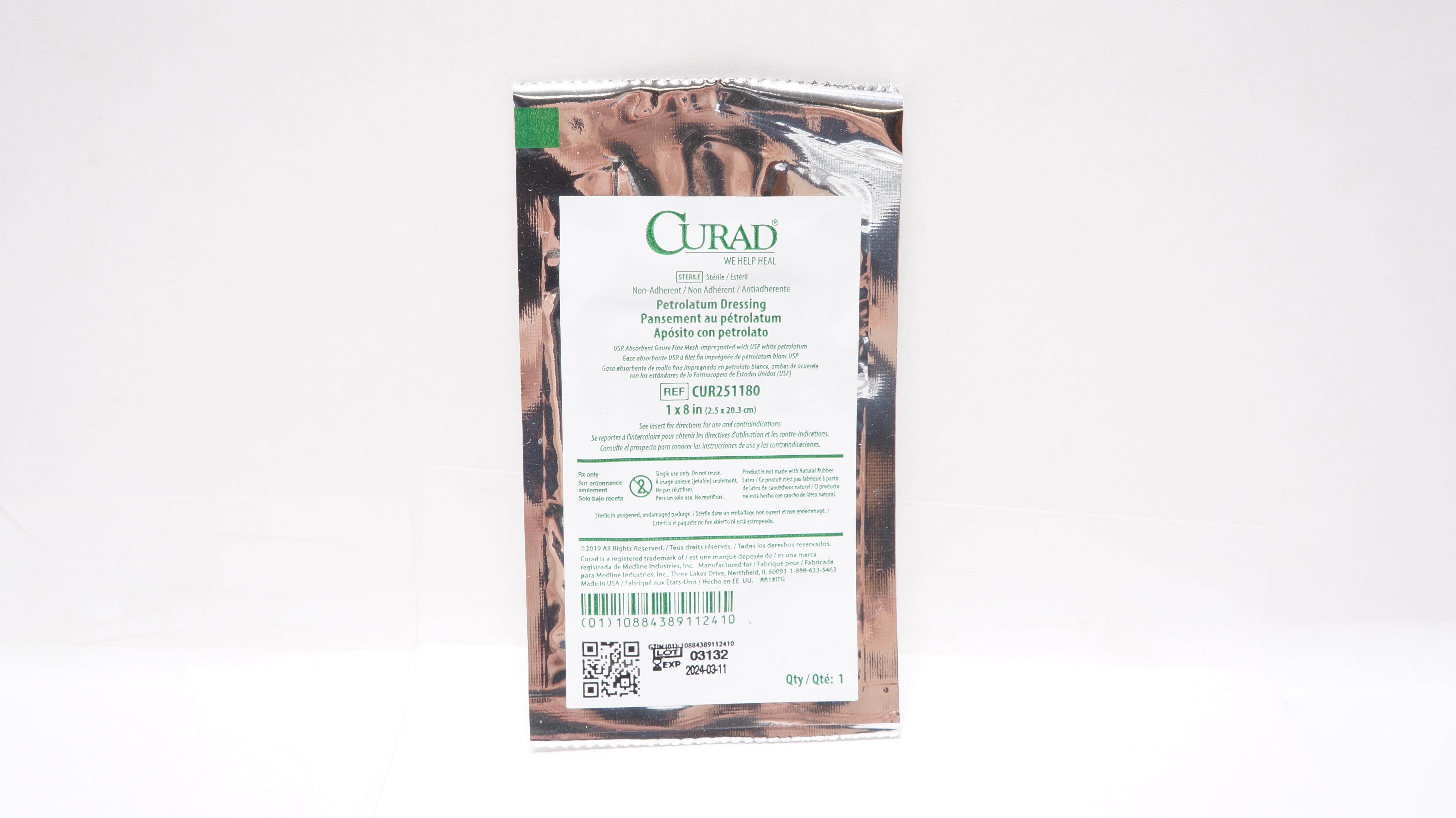 Medline CUR251180 Curad Non-Adherent Petrolatum Dressing 1inch x 8inch
