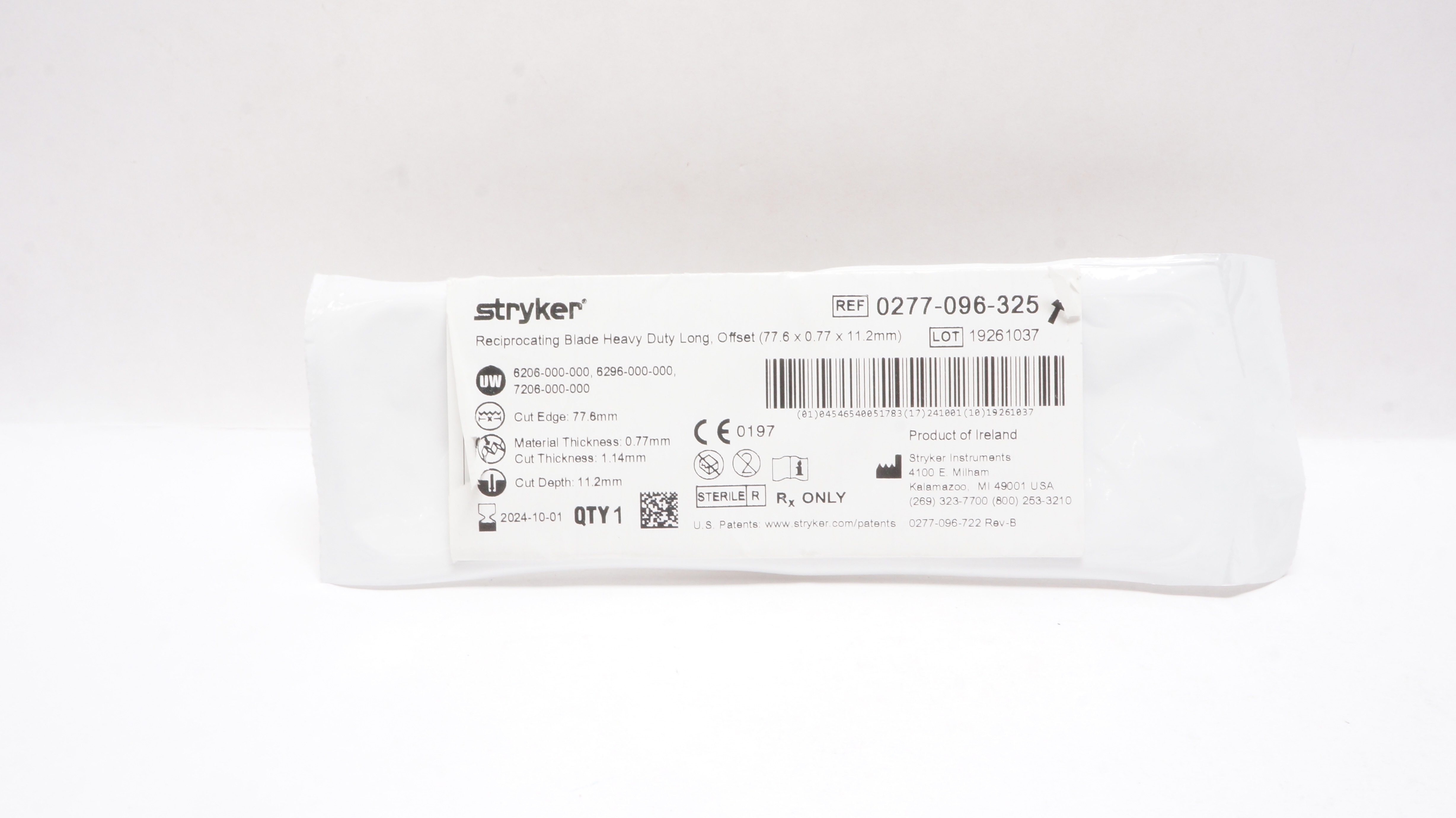 Stryker 0277-096-325 Reciprocating Blade Heavy Duty Long Offset 70.6x0.77x11.2mm