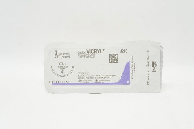 Ethicon J260 0 Coated VICRYL Stre, Undyed Braided, CT-1 36mm 1/2c Taper, 27inch