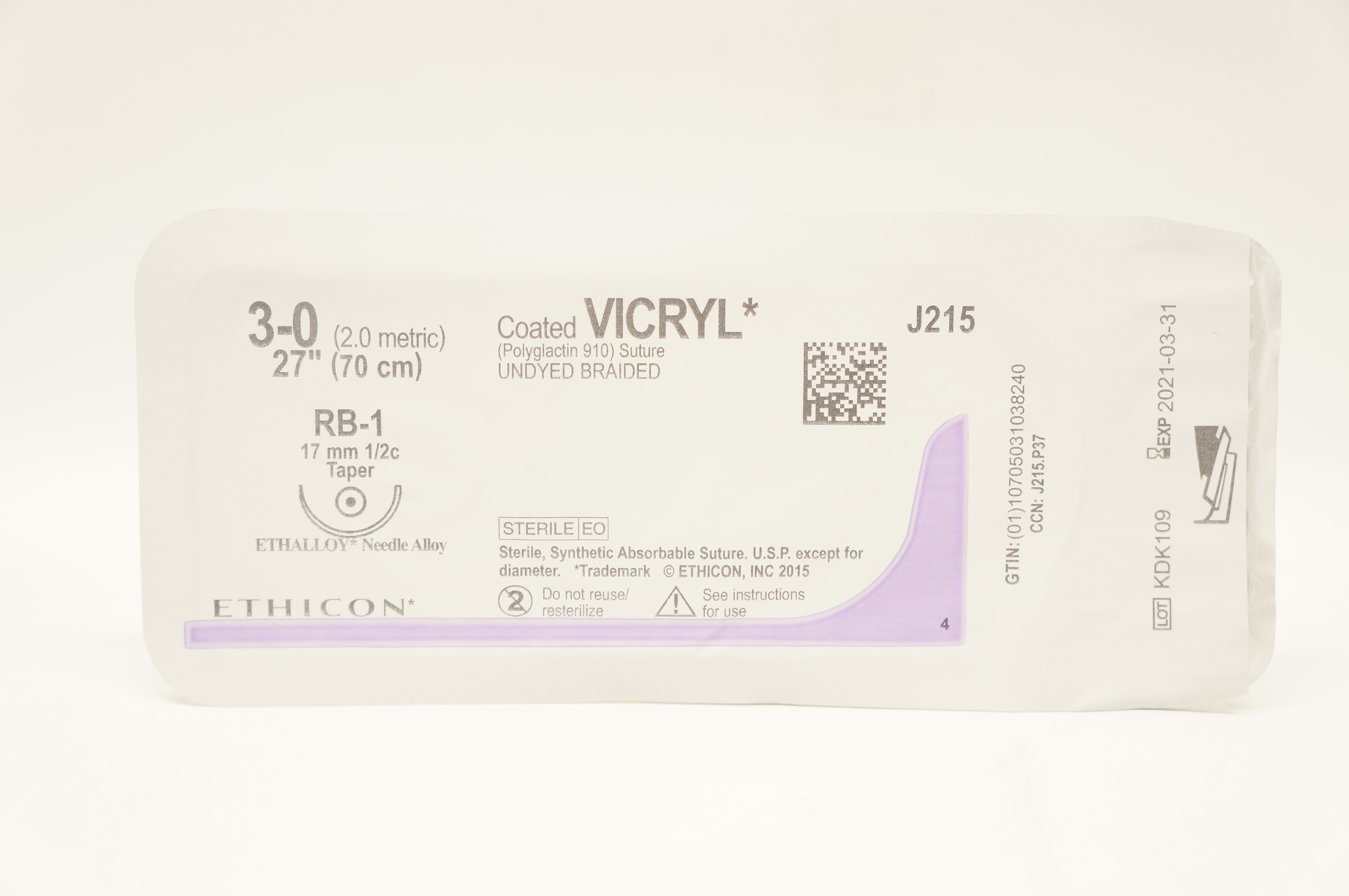 Ethicon J215 3-0 VICRYL RB-1 17mm 1/2c Taper 27inch (x)