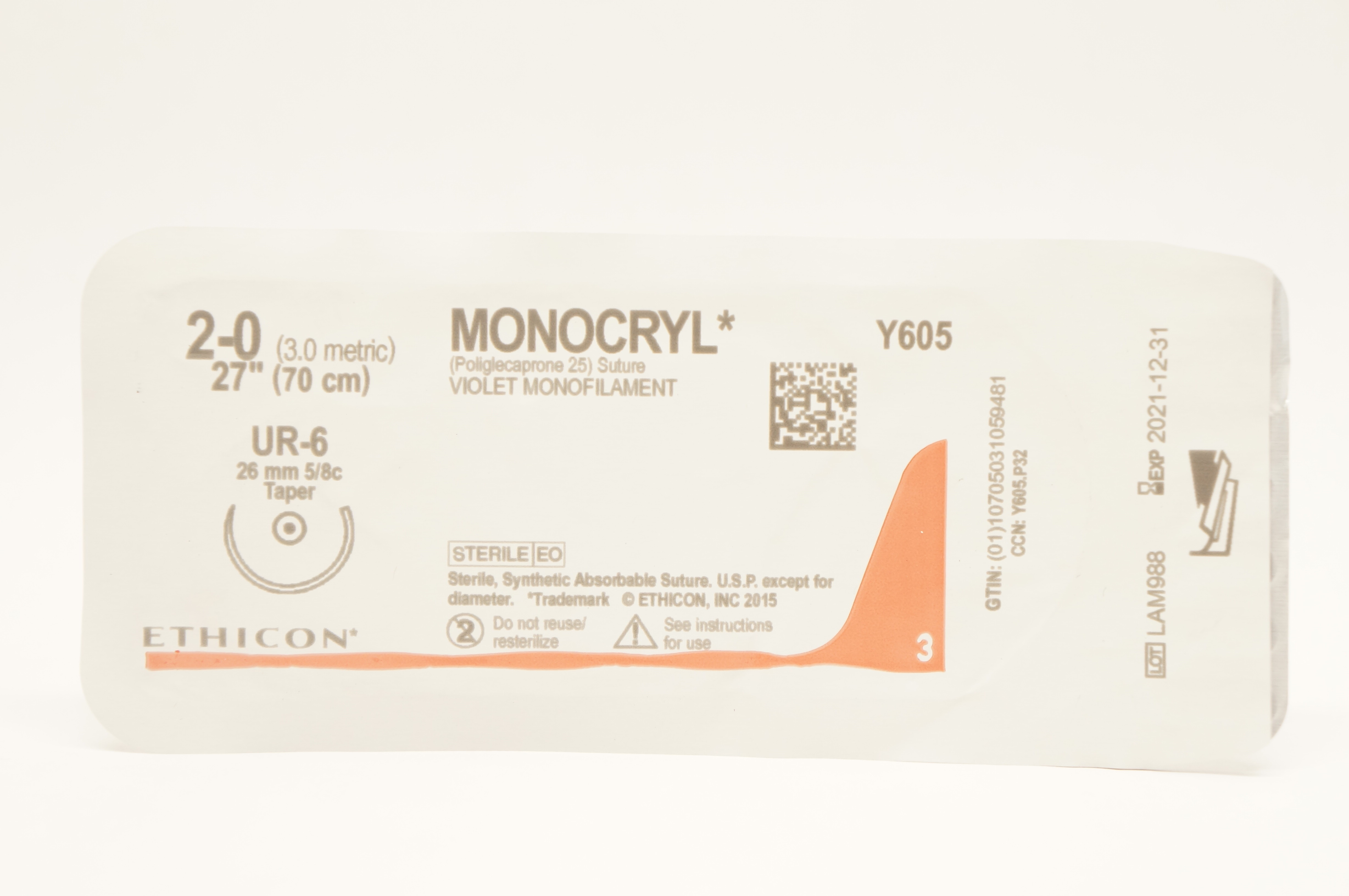 Ethicon Y605 2-0 MONOCRYL Violet Monofilament UR-6 26mm 5/8c Taper 27inch (x)