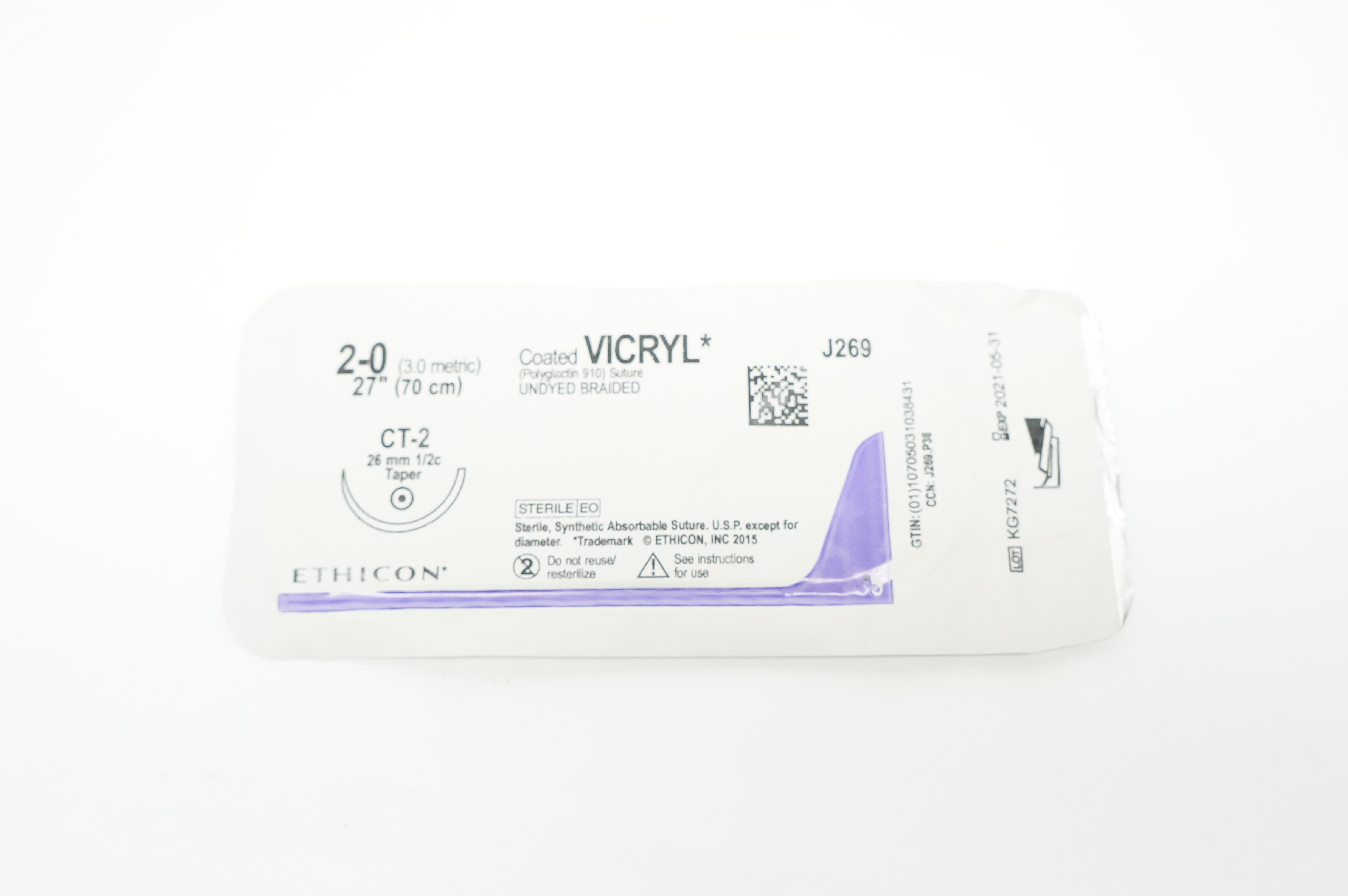 Ethicon J269 2-0 Coated VICRYL Stre CT-2 26mm 1/2c Taper 27 inch (x)