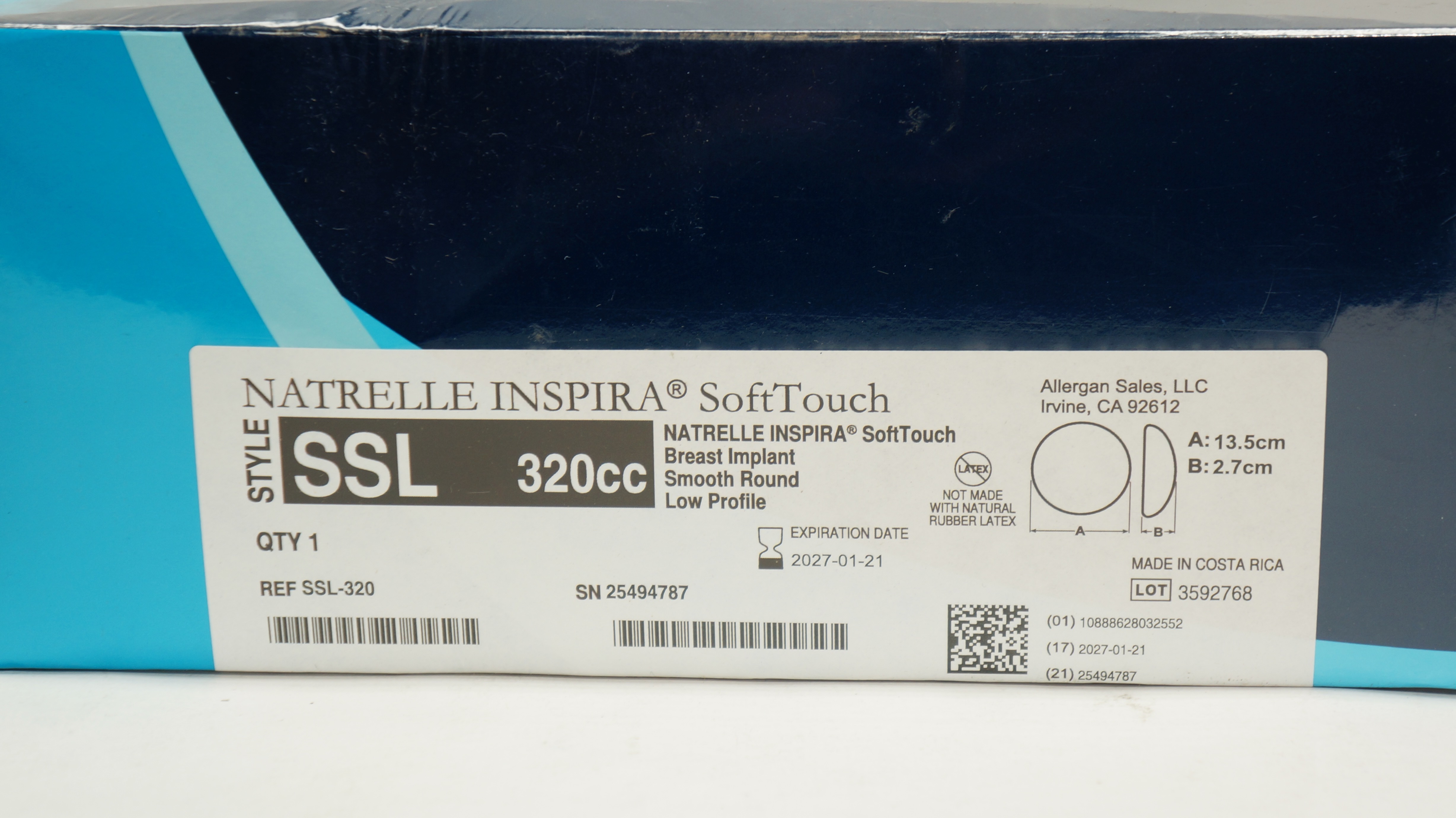 Allergan SSL320 Natrelle Inspira Soft Touch Breast Implant 13.5cm x 2.7cm
