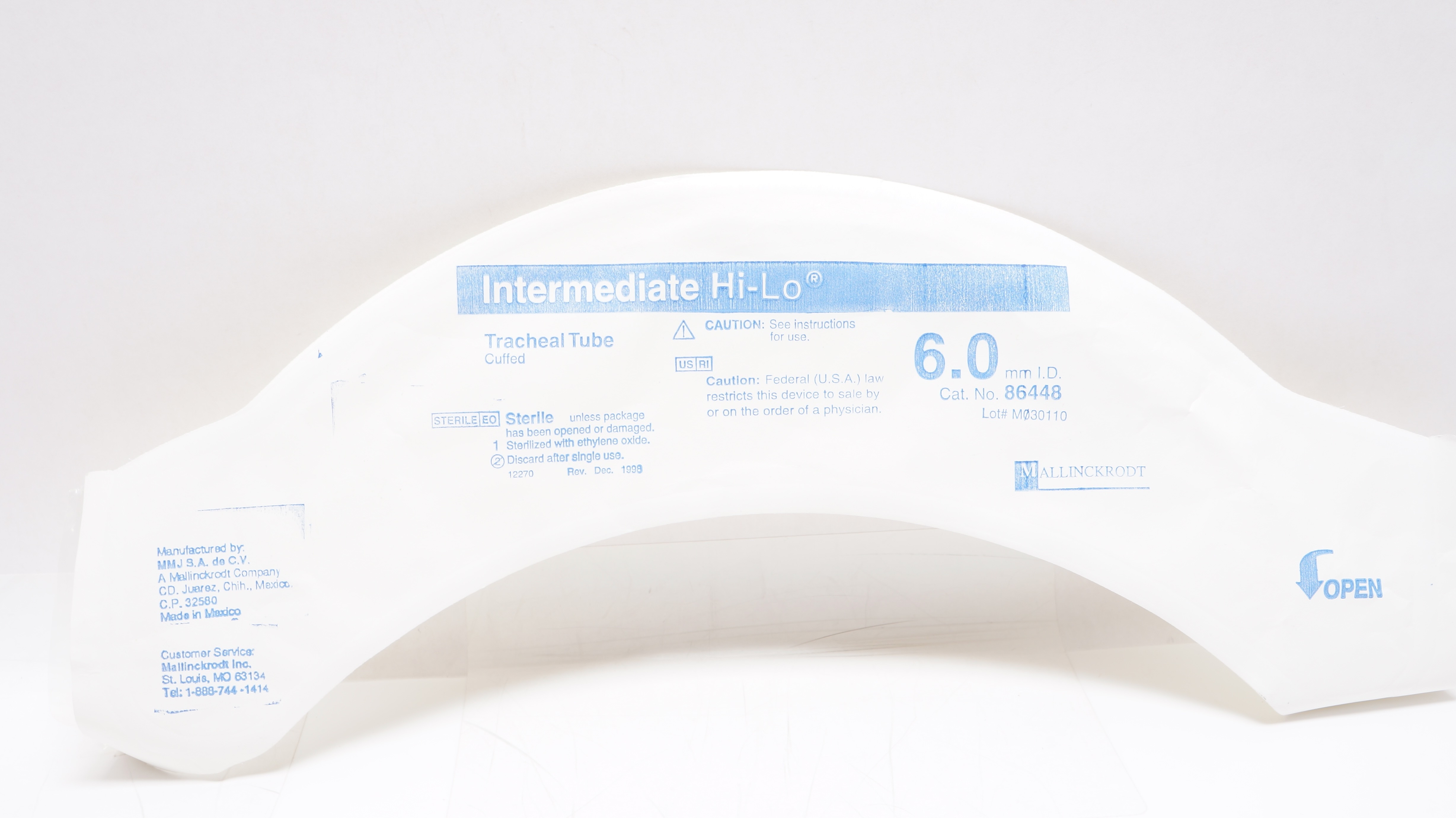 Mallinckrodt 86448 Intermediate Hi-Lo Tracheal Tube Cuffed 6.0mm I.D.