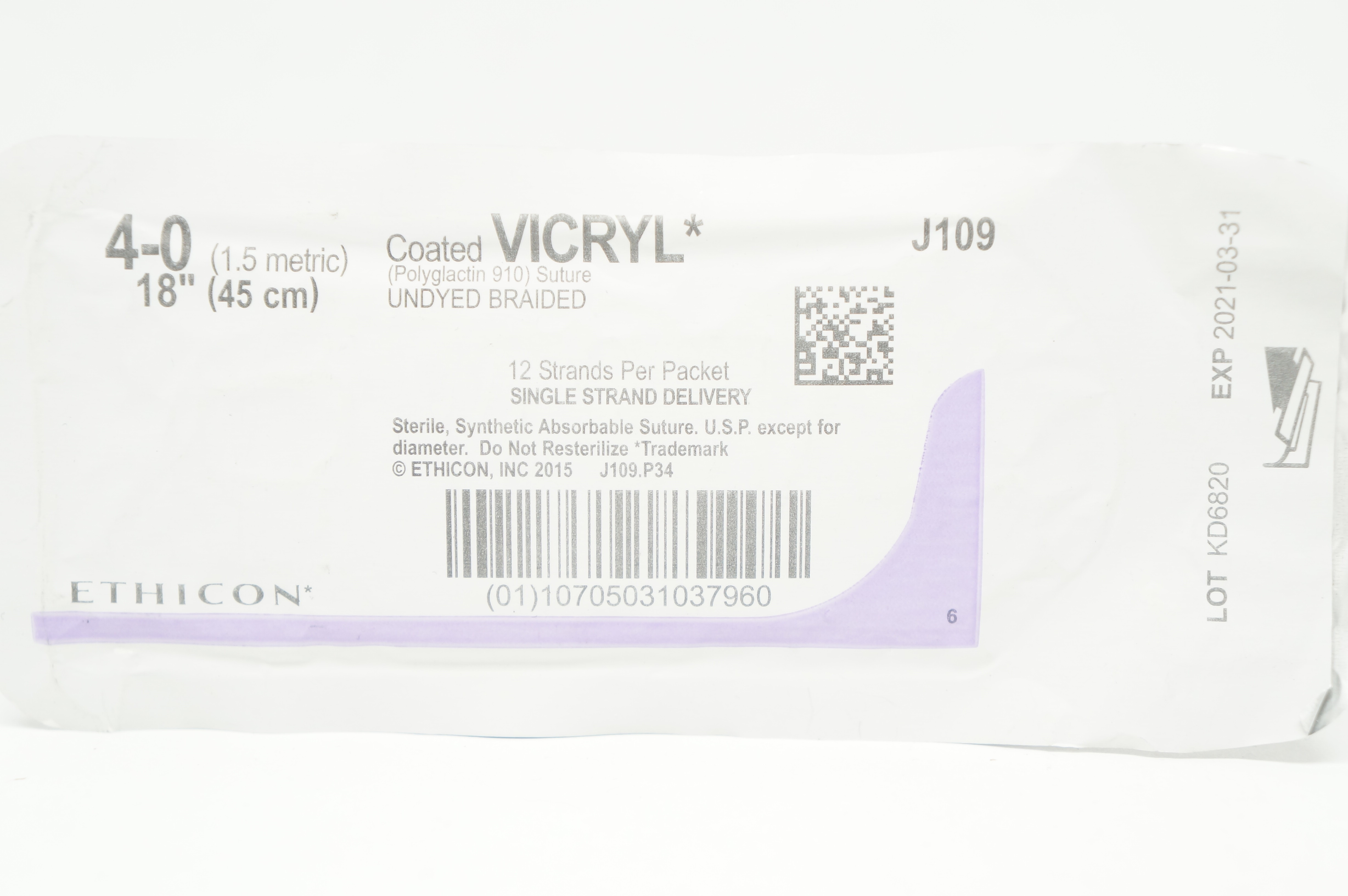 Ethicon J109 4-0 Coated VICRYL Polyglactin 910 Stre Undyed Braided, 18inch (x)