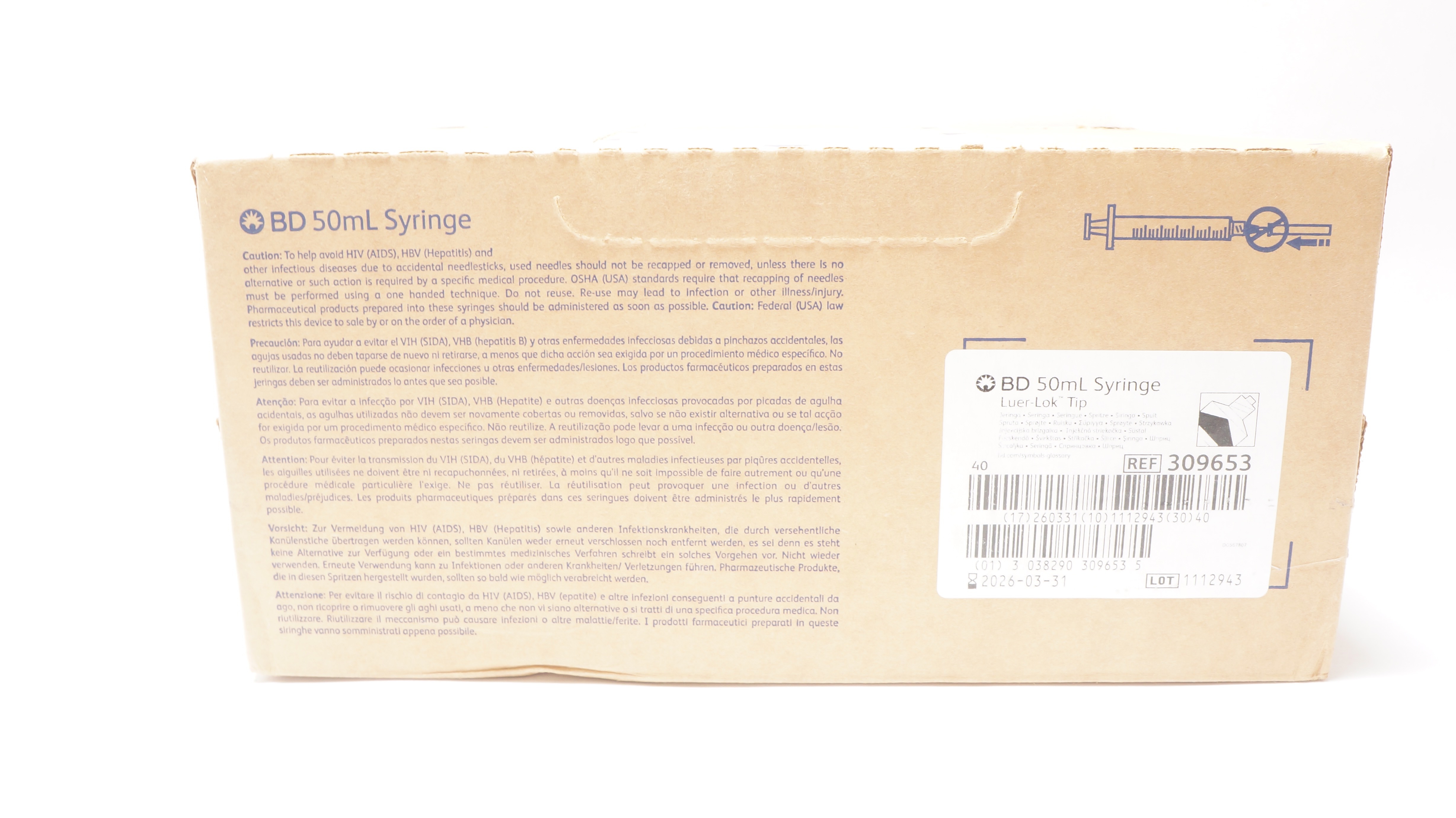 BD 309653 Syringe Luer-Lok Tip 50mL - Box of 40