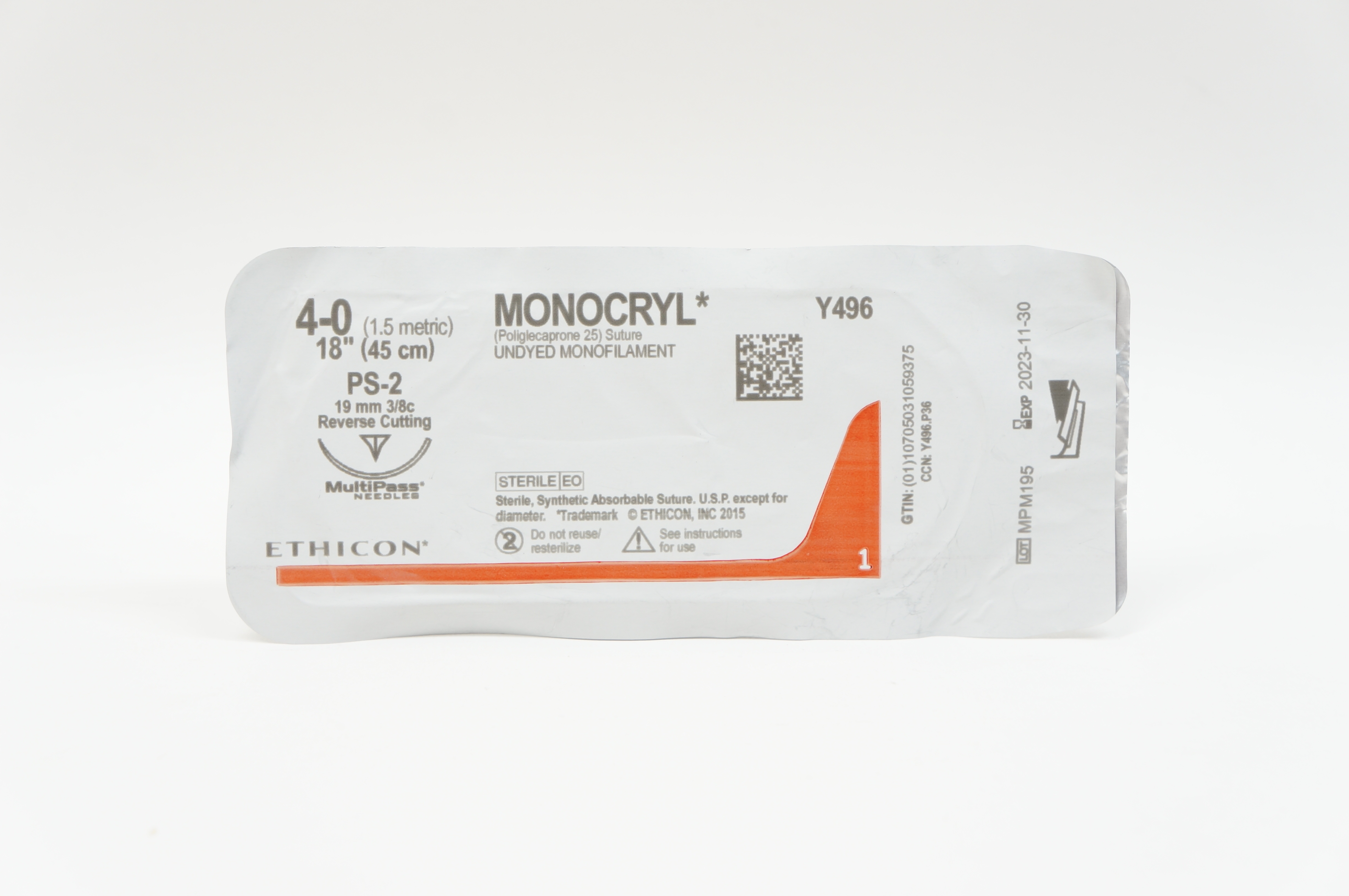 Ethicon Y496 4-0 MONOCRYL, PS-2, 19mm 3/8c Reverse Cutting, 18inch