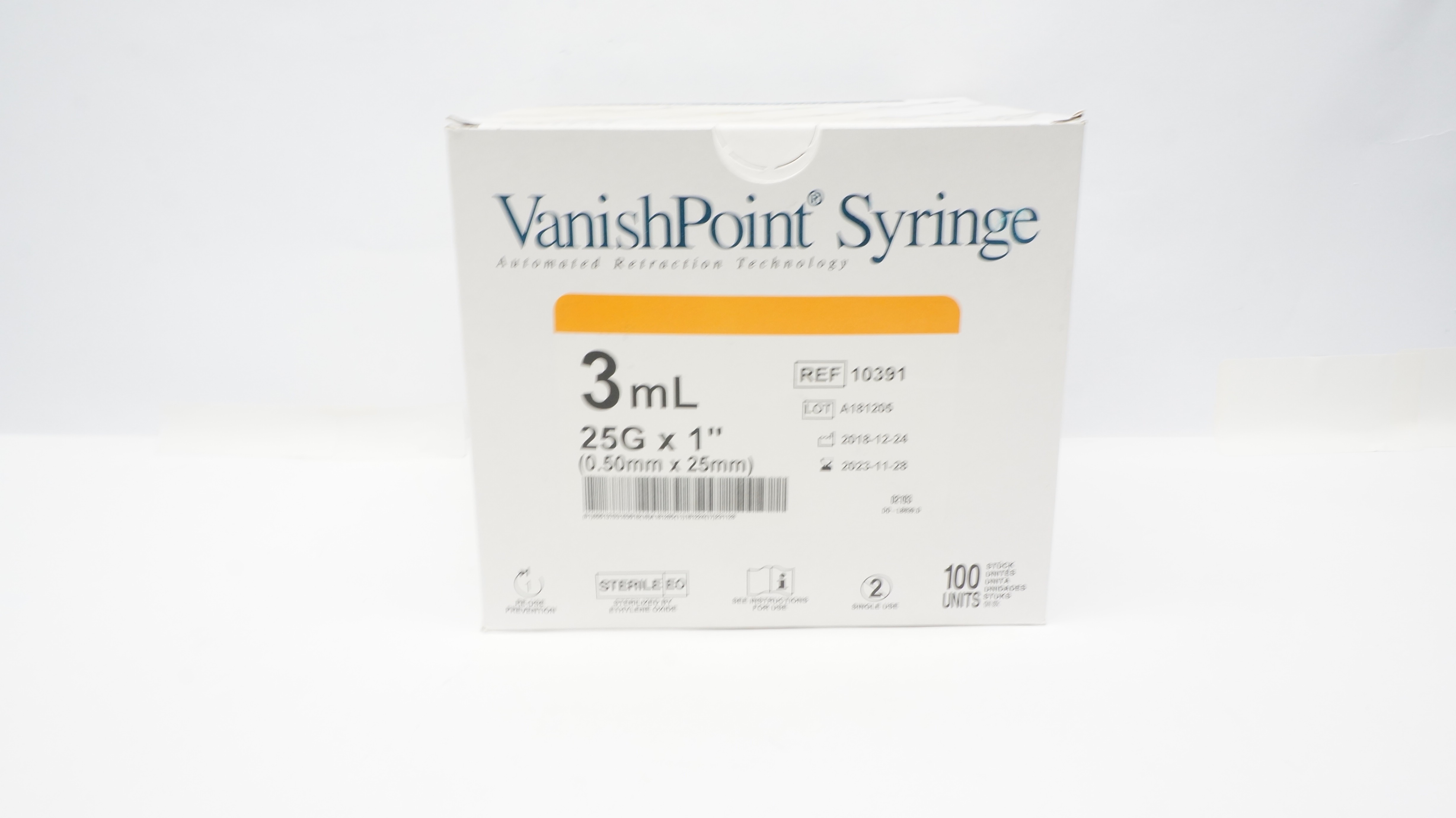 Retractable 10391 Vanish Point Syringe 3mL 25G x 1inch (x) - Box of 100