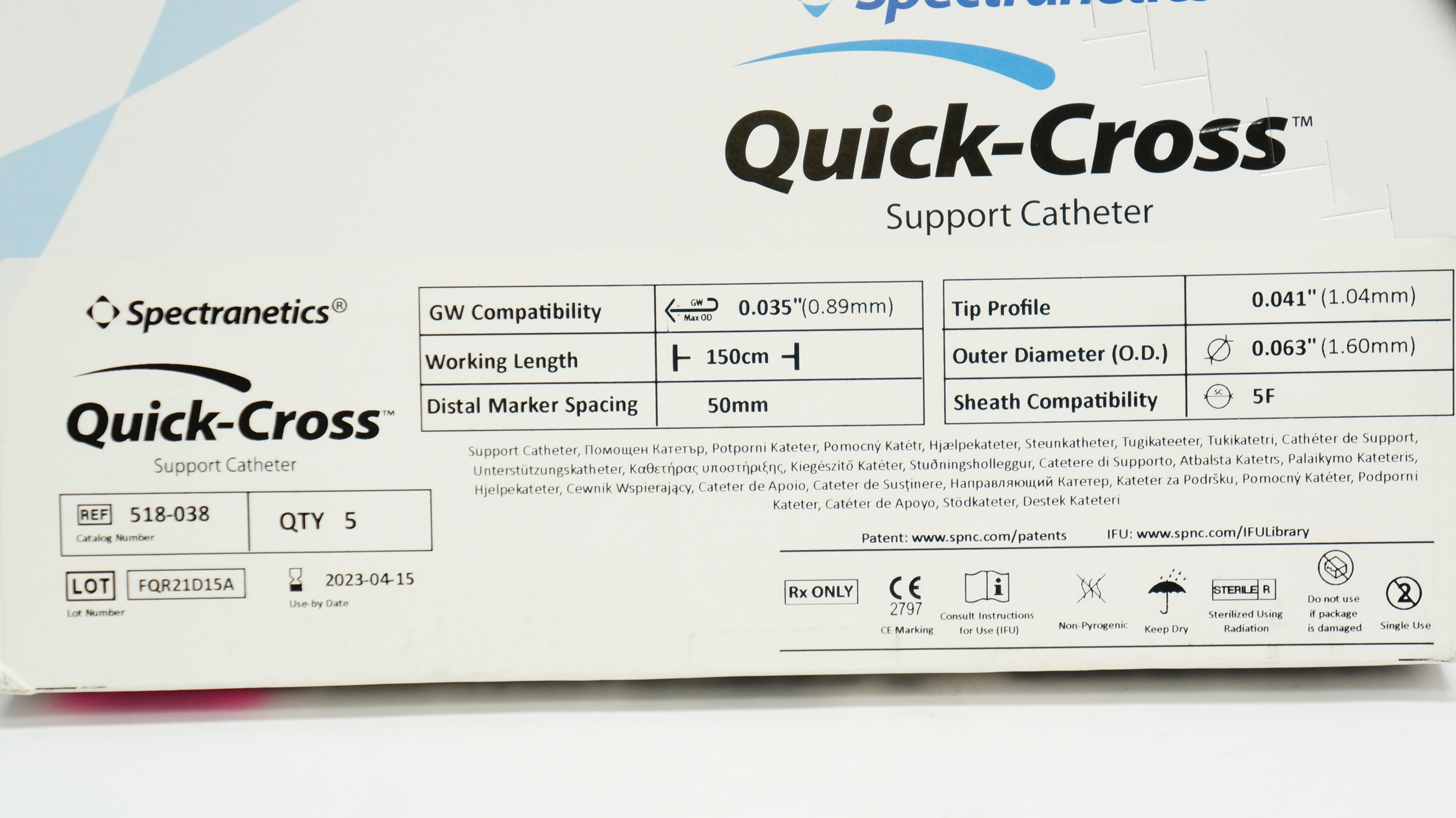 Spectranetics 518-038 Quick-Cross Support Cath. 150cm x 0.035inch