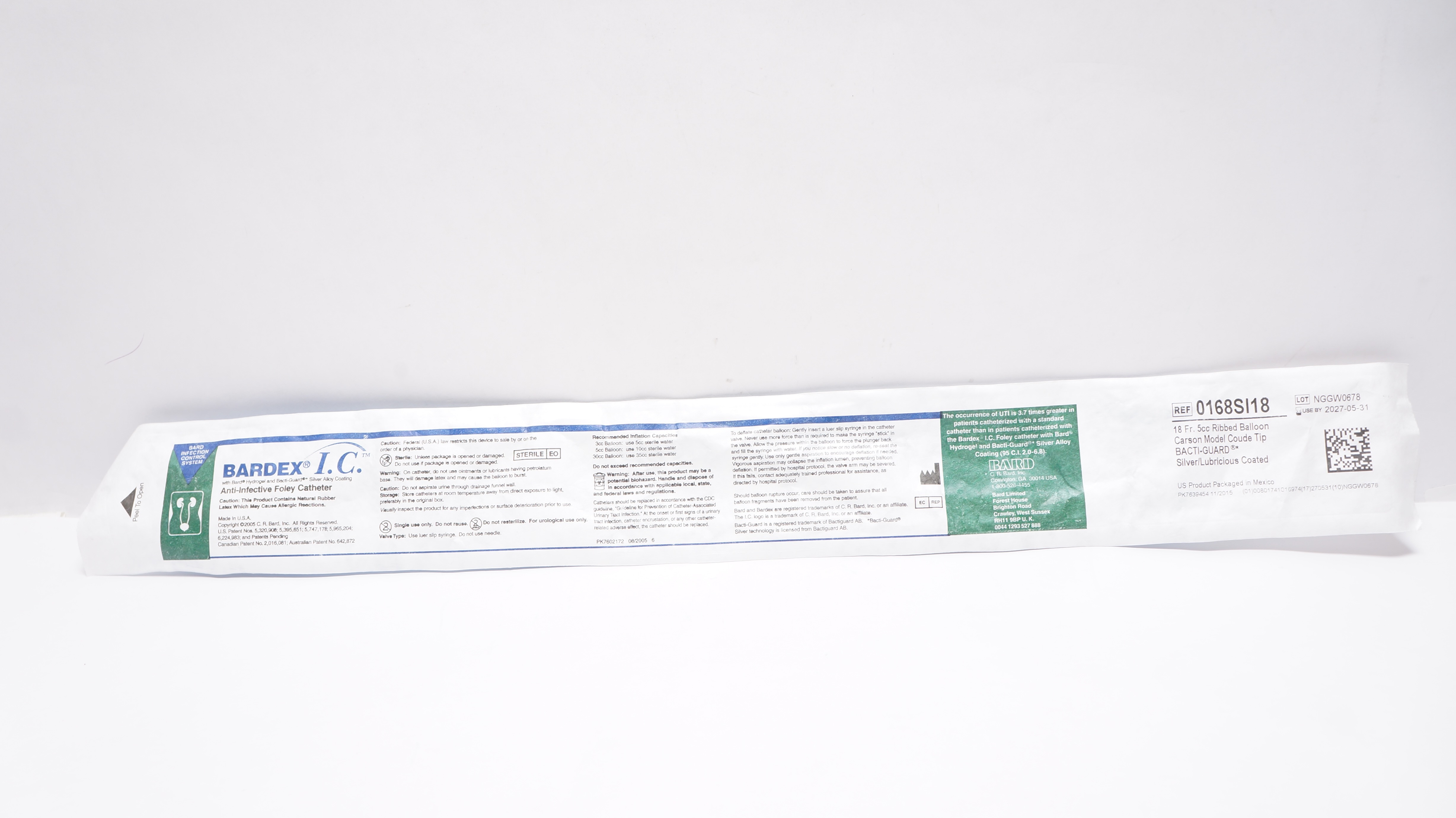 Bard 0168SI18 Anti-Infective Foley Cath. 18Fr 5cc Ribbed Balloon Carson Model