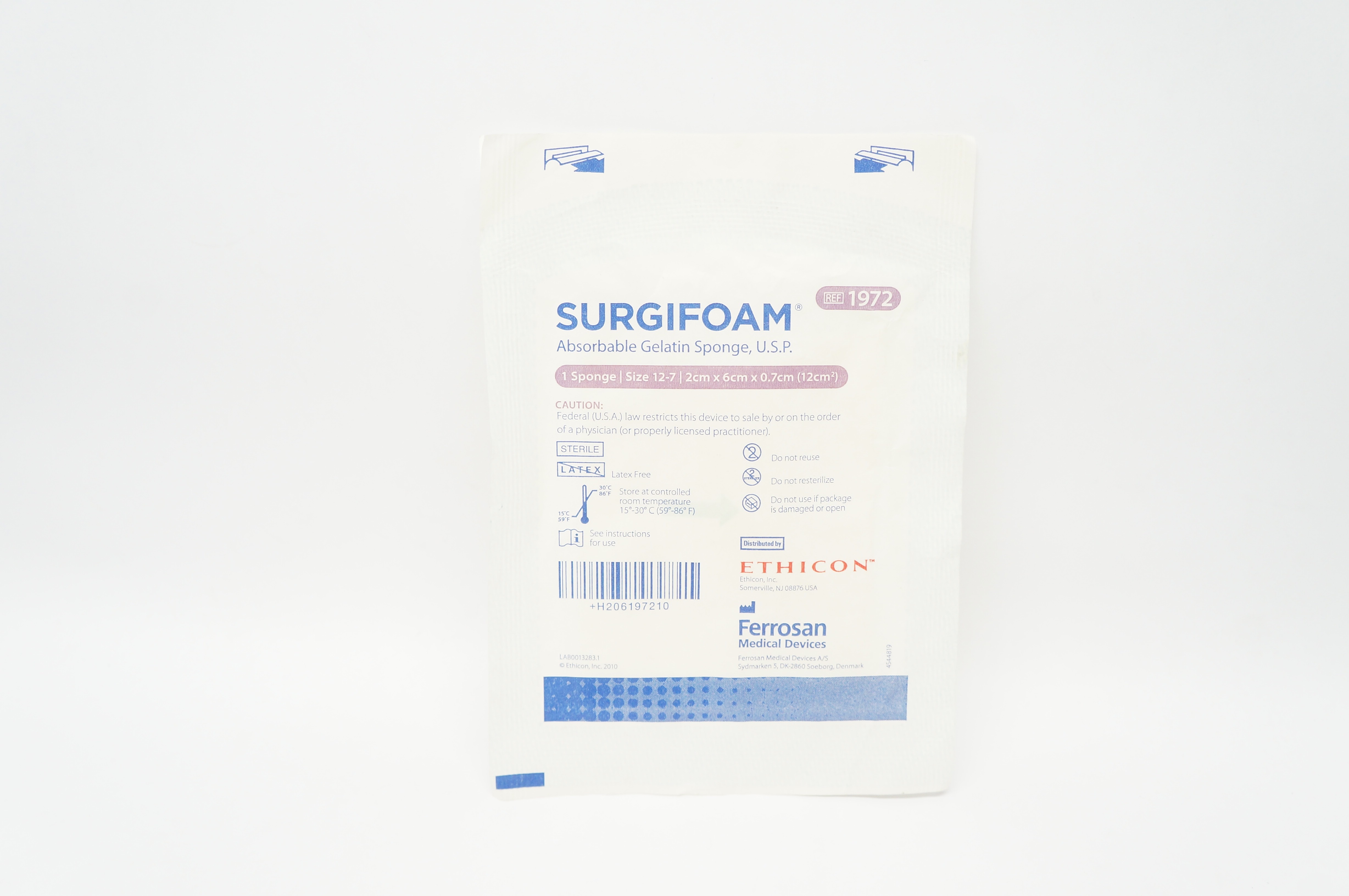 Ethicon 1972 SURGIFOAM Absorbable Gelatin Sponge USP 12-7 2cm x 6cm (x)