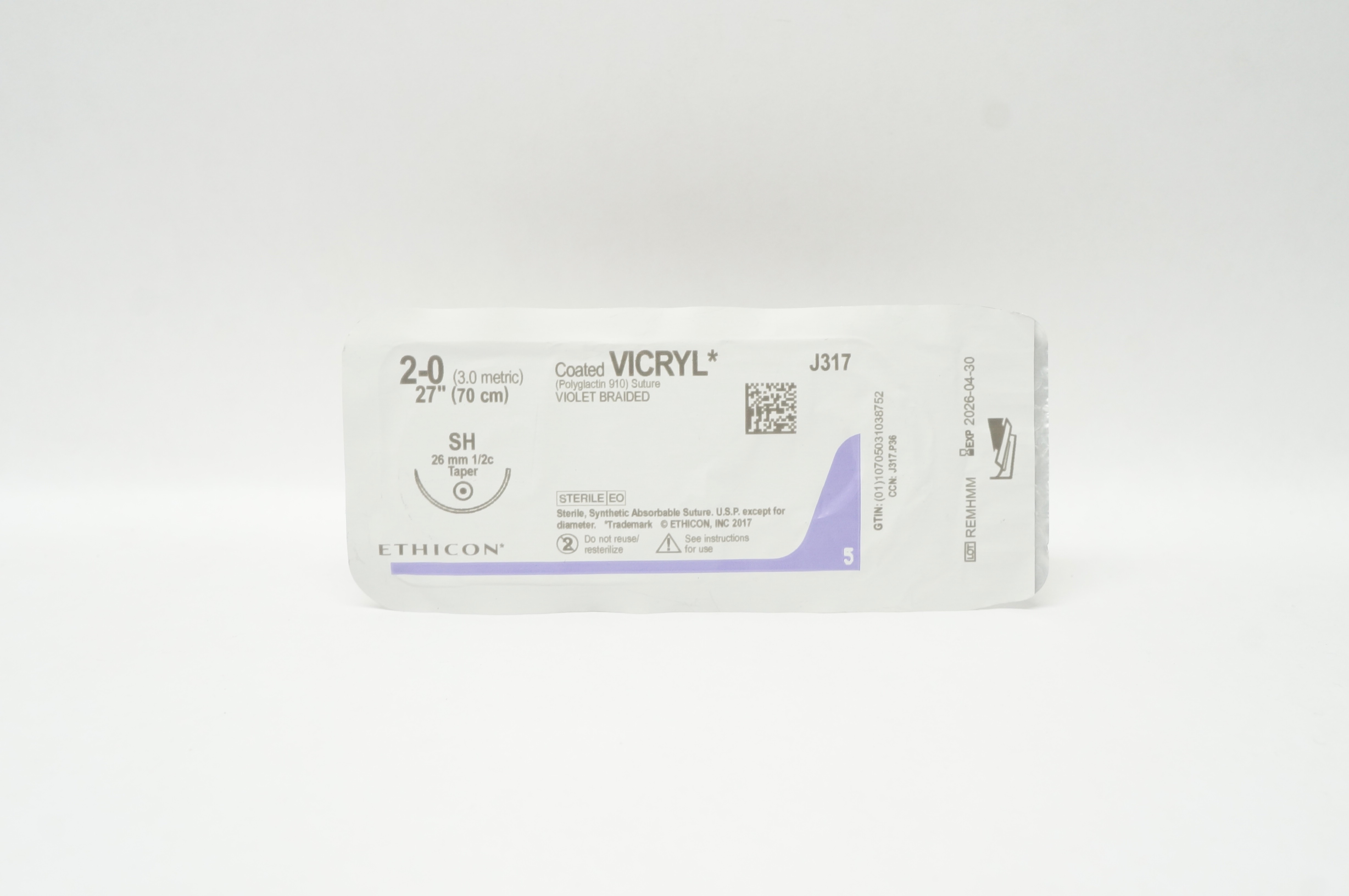 Ethicon J317 2-0 Coated VICRYL, SH, 26mm 1/2c Taper, 27inch