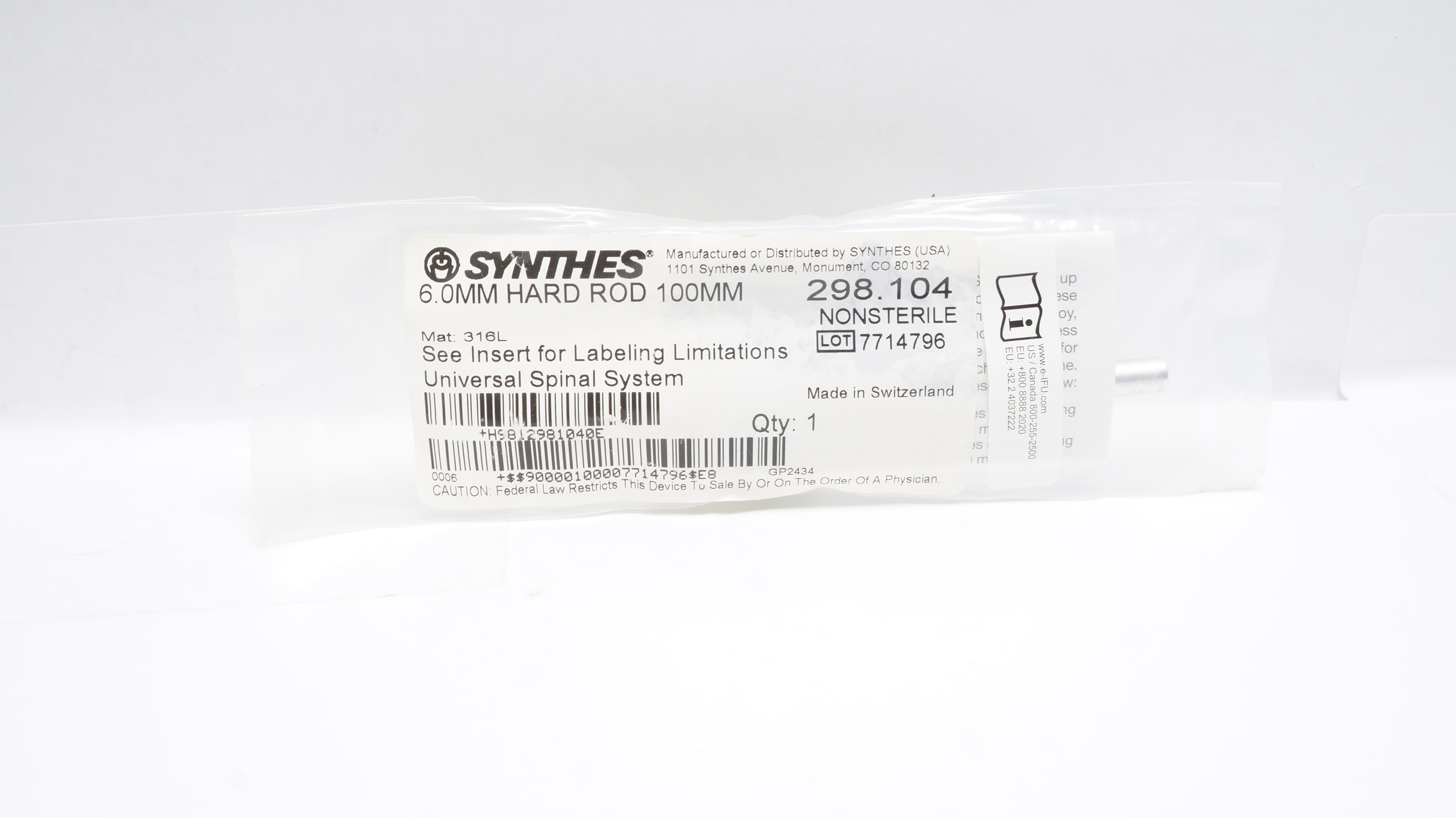 Synthes 298.104 Universal Spinal System, Material 316L, Hard ROD 6.0mm x 100mm