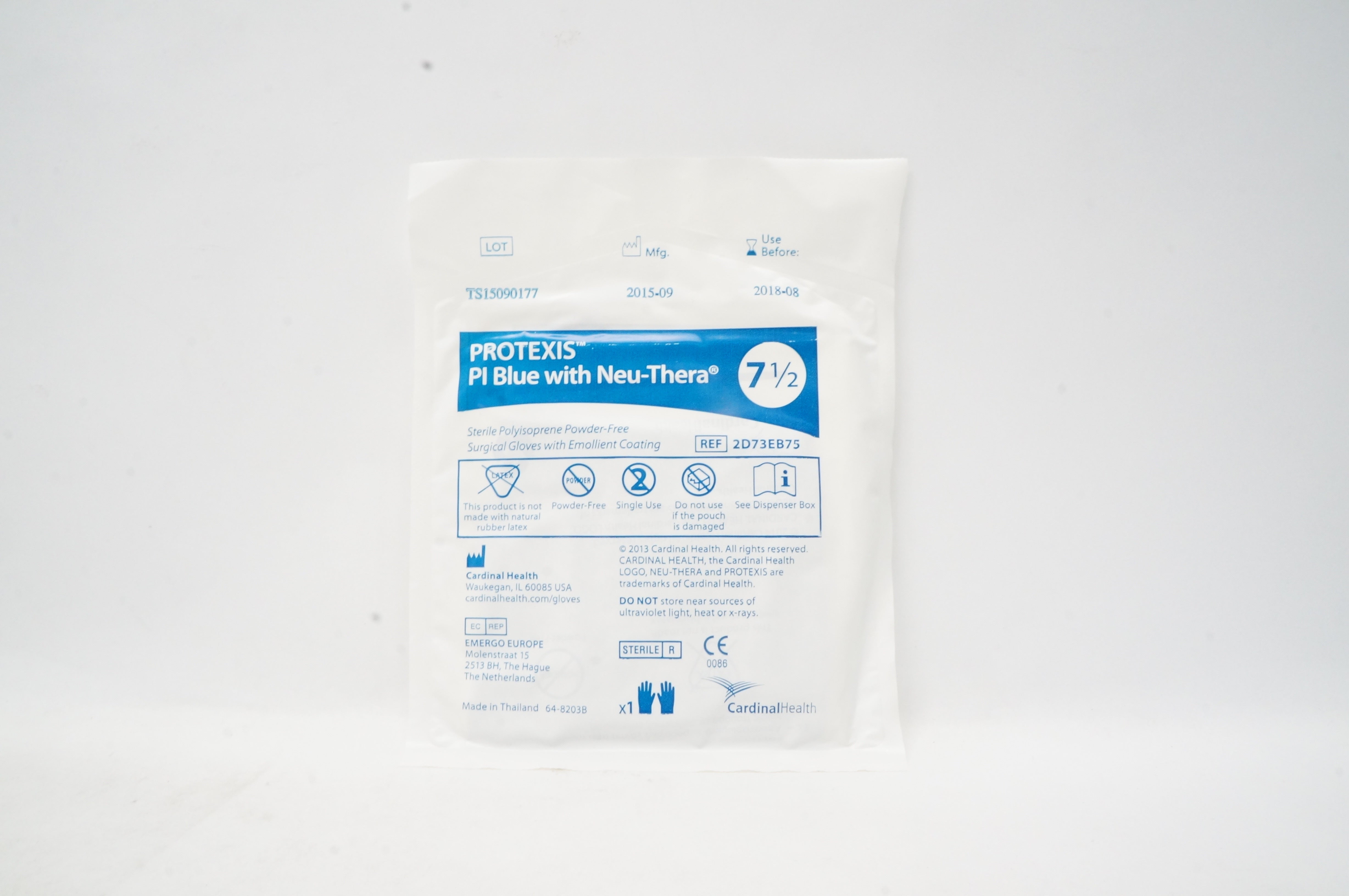 Cardinal Health 2D73EB75 PI Blue With Neu-Thera Surgical Gloves, Size 7 1/2 (x)