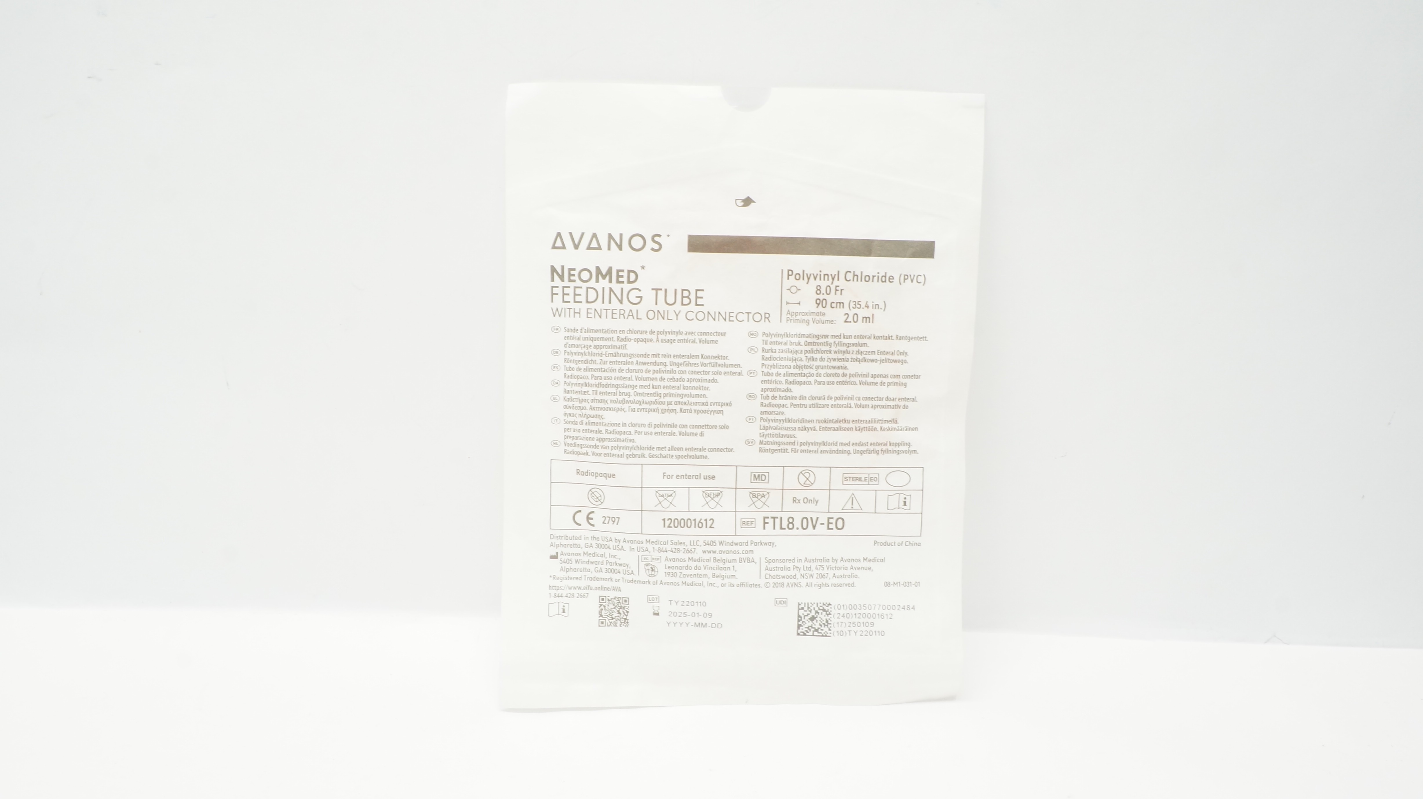 Avanos FTL8.0V-EO Neomed PVC Feeding Tube w/Connector 8Fr x 35.4inch 2.0ml (x)