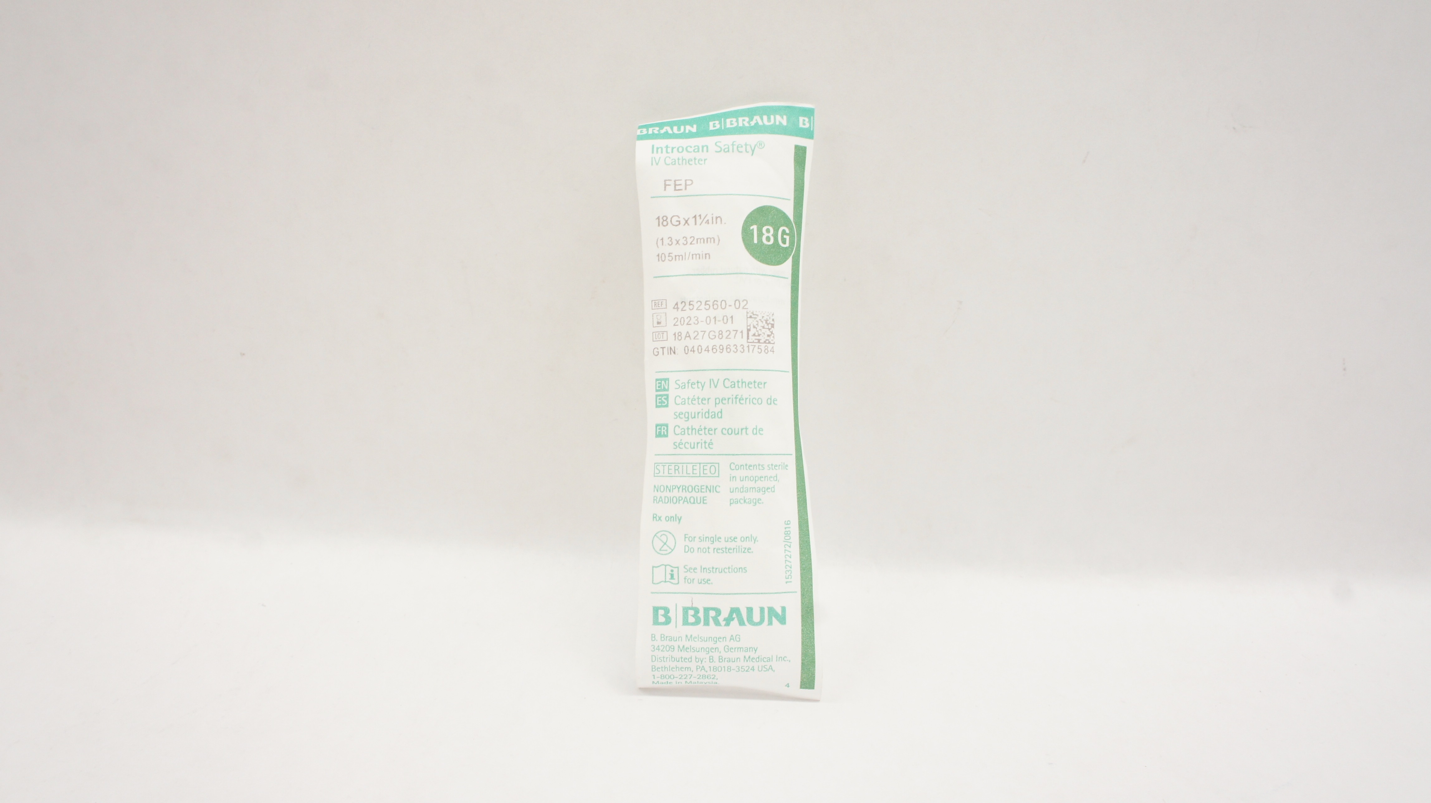 Braun 4252560-02 Introcan Safety FEP IV Cath. 18G x 1 1/4inch 105ml/min