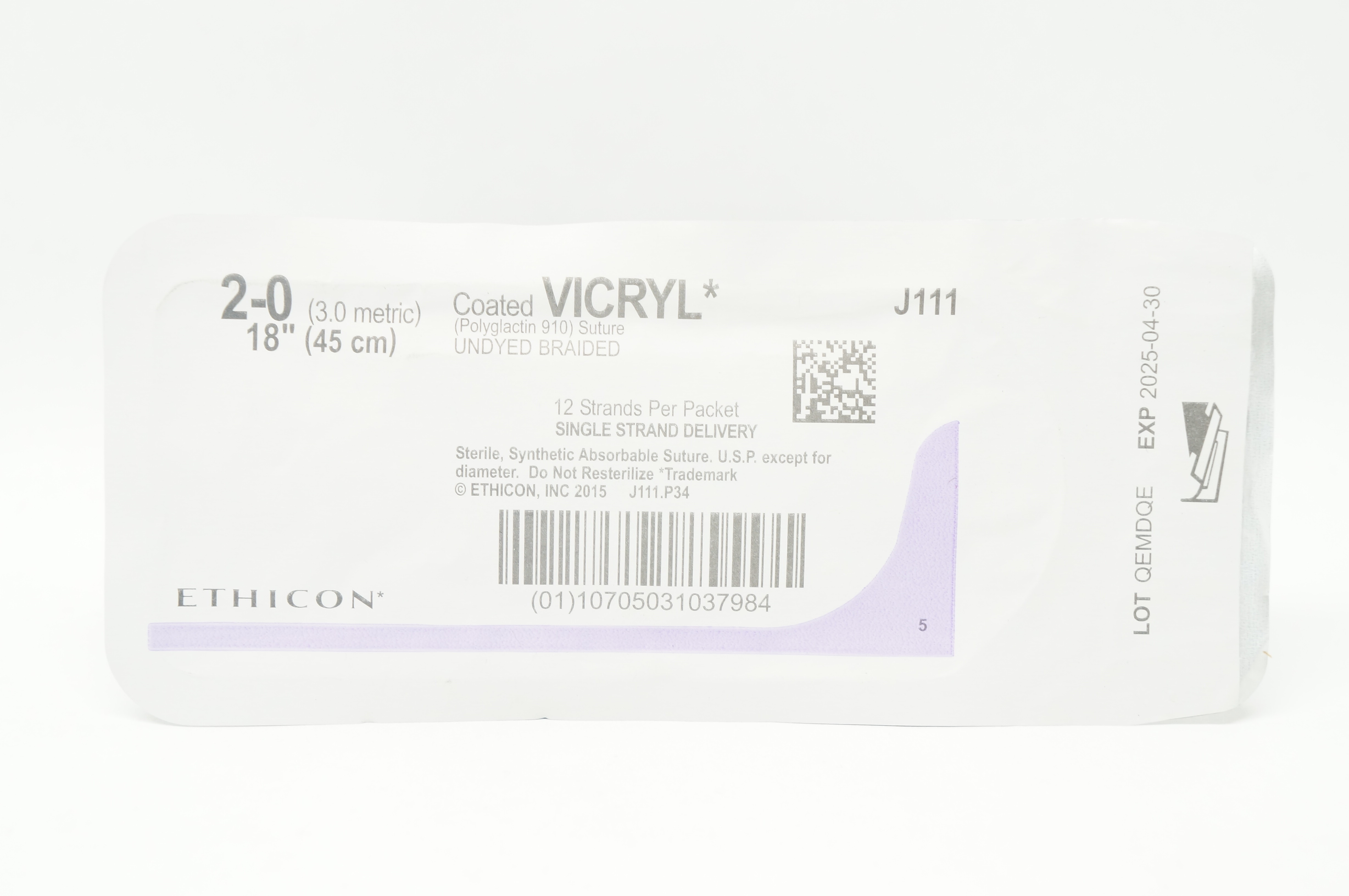 Ethicon J111 2-0 Coated VICRYL (Polyglactin 910) Stre 12 Strands 18 inch