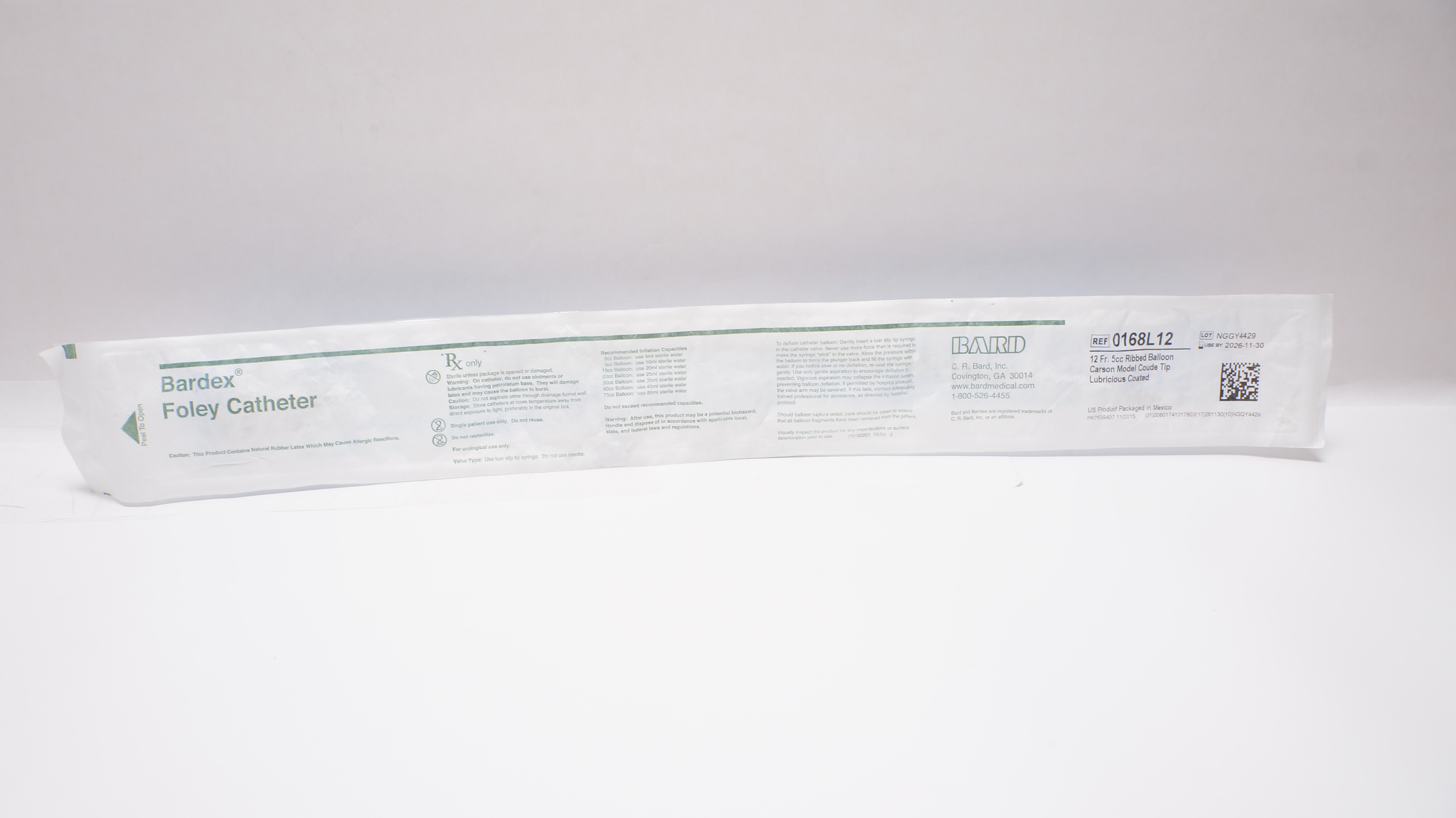 Bard 0168L12 Bardex Foley Cath. 12Fr 5cc Ribbed Balloon Carson Model Coude Tip